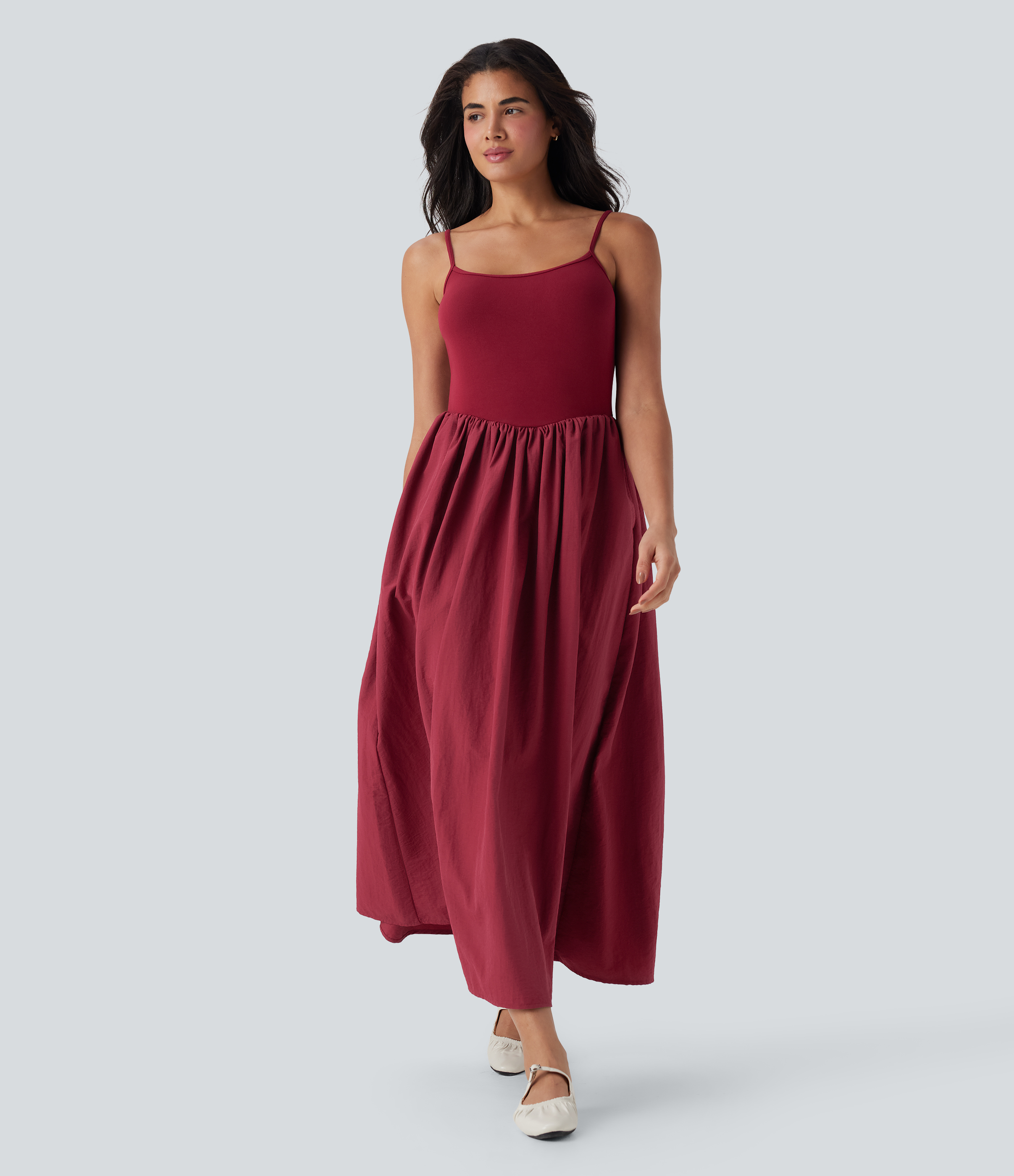 Biking Red Vestido maxi casual sin espalda con bolsillos laterales / 1