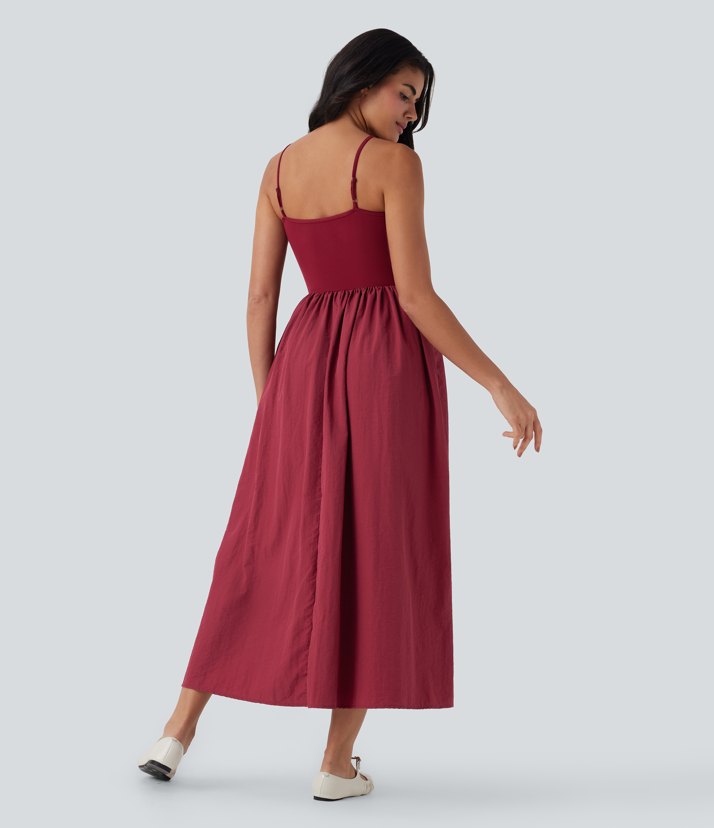 Biking Red Vestido maxi casual sin espalda con bolsillos laterales / 2