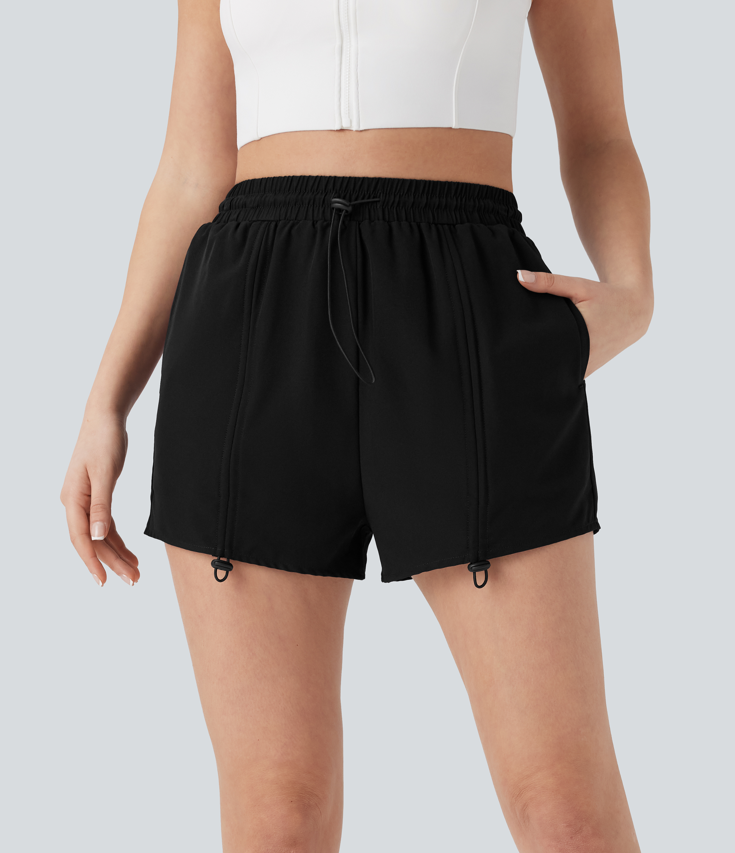 Hohe Taille Kordelzug 2-in-1 Yoga-Shorts mit Taschen
