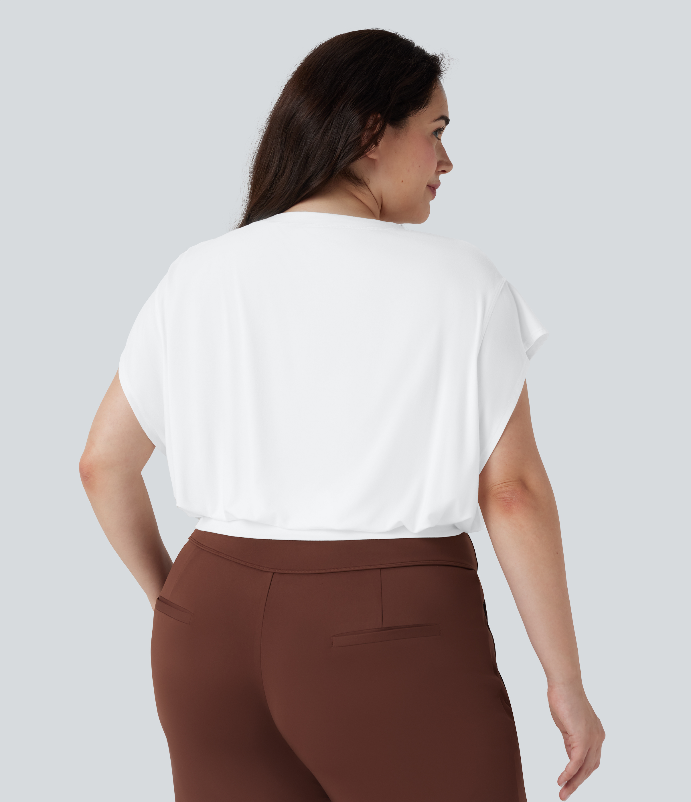 Blanco Camiseta oficina talla grande cuello redondo manga corta murciélago / 2