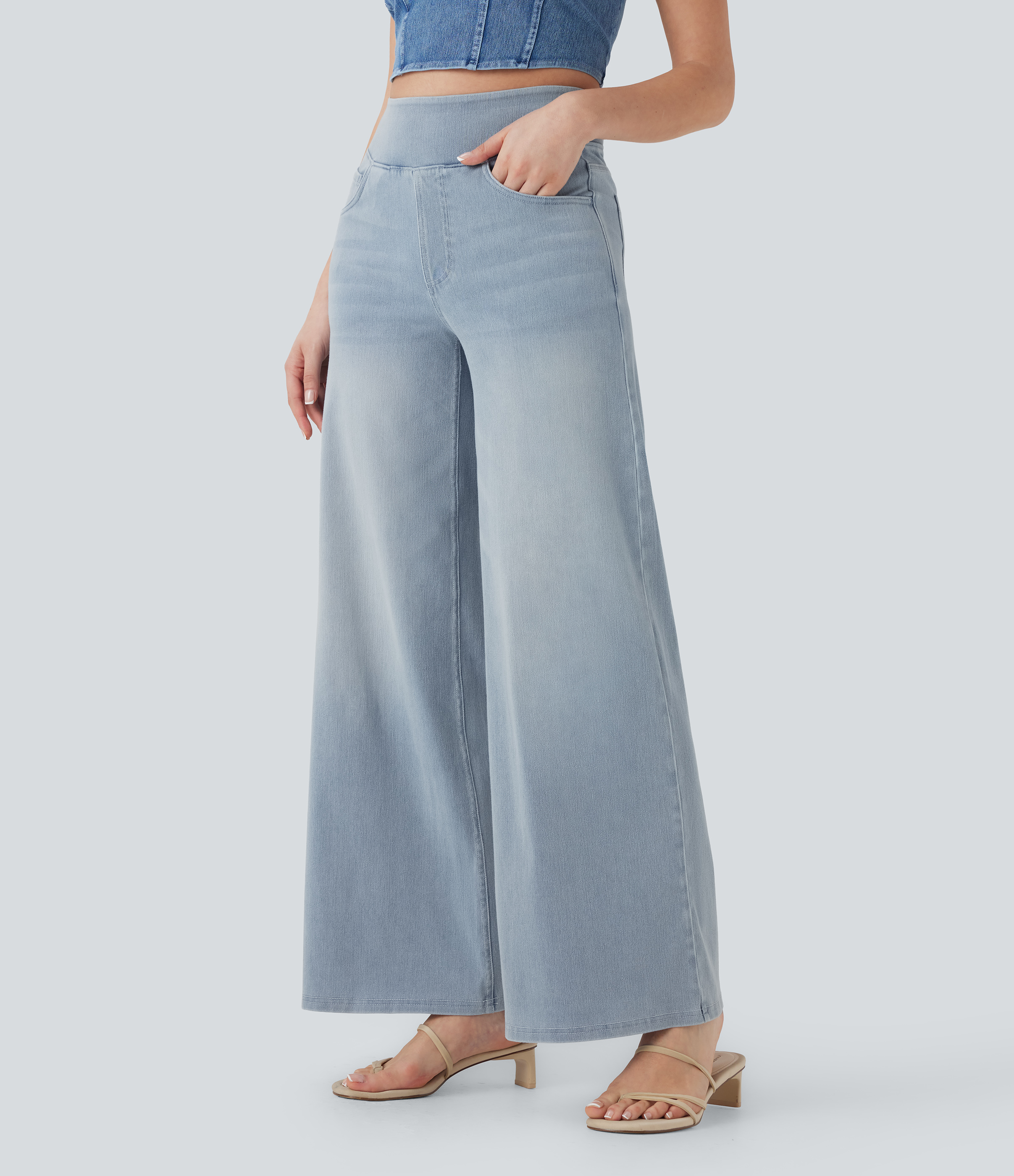 Halara Flex™ Jean Large Casual Taille Haute Poches Multiples Tricot Extensible Délavé