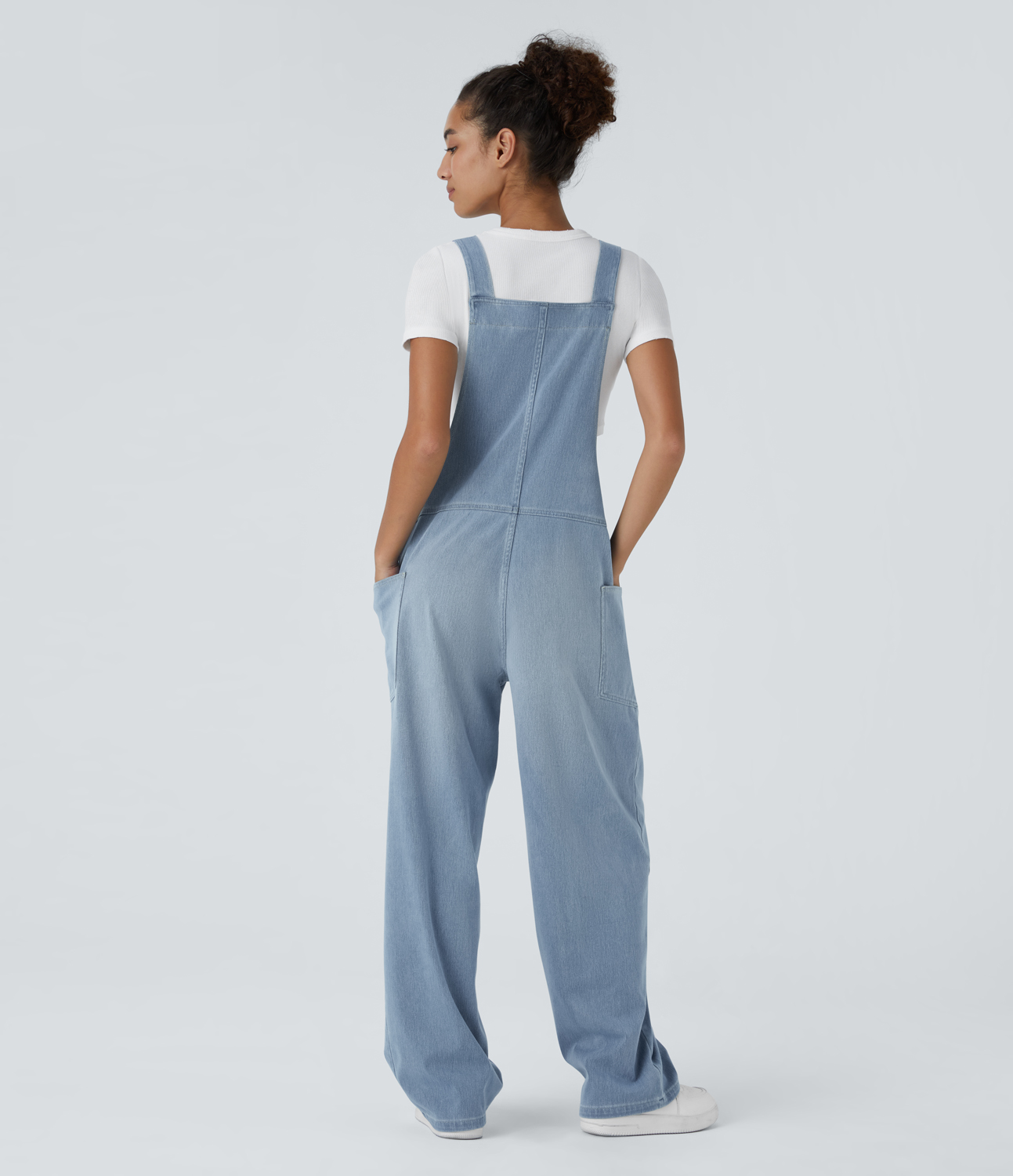 Powder Blue Denim Halara Flex™ V-Ausschnitt-Overall aus gewaschenem Denim mit Taschen – lässig / 2