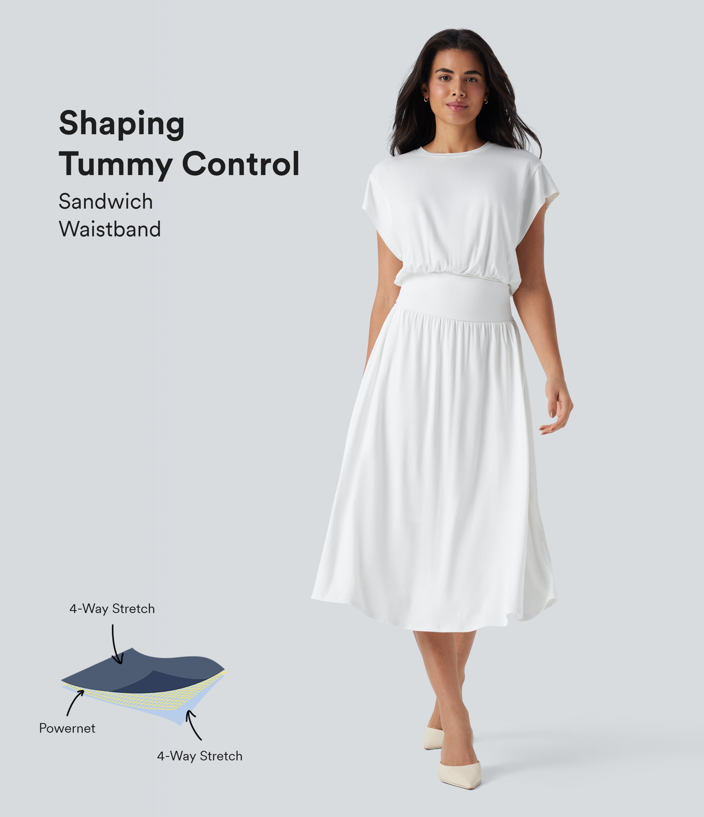 Fließendes Midi-Arbeitskleid mit Seitentaschen, Fledermausärmeln und Bauchkontrolle