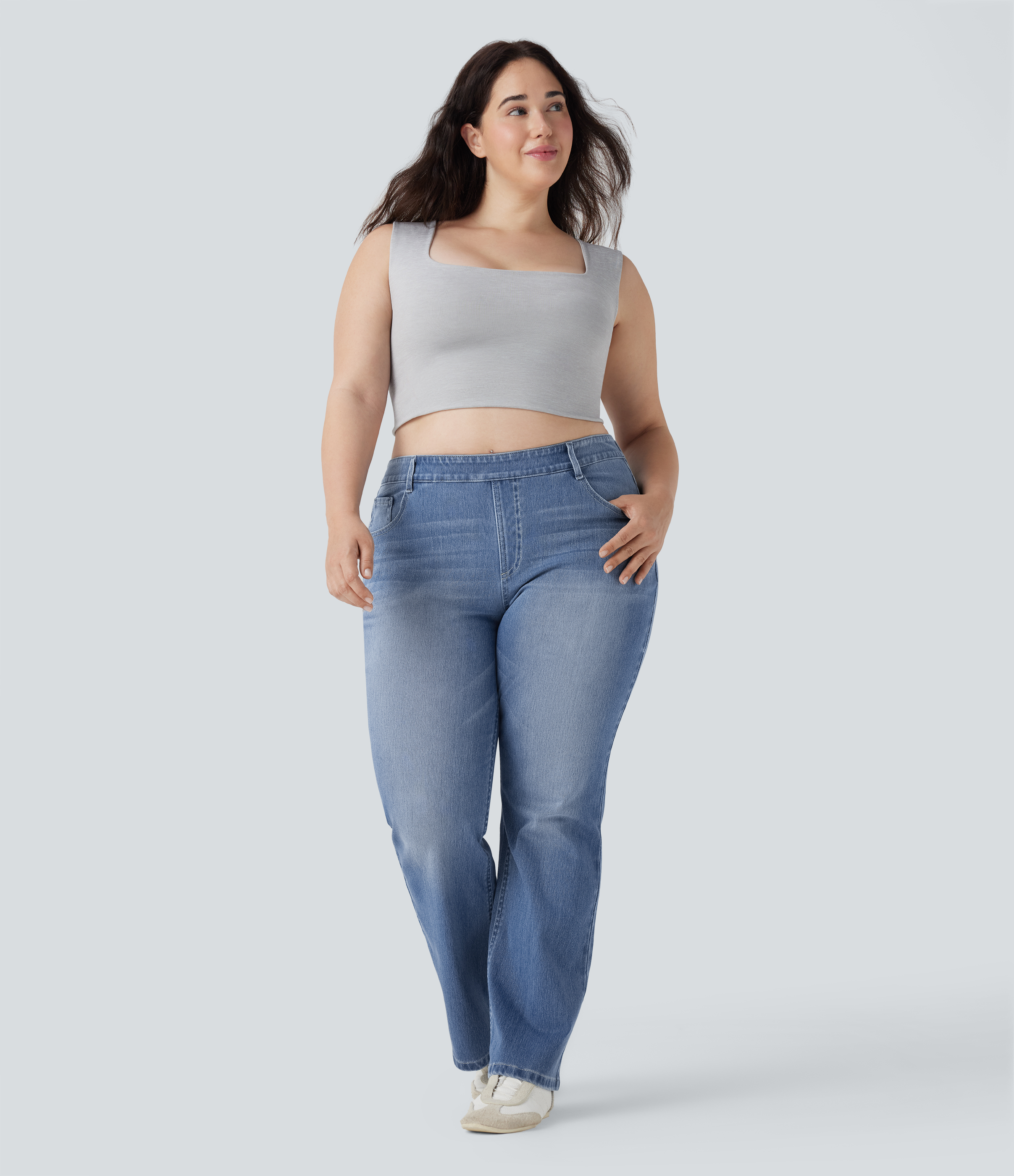 Jean décontracté grande taille évasé taille haute Halara Flex™ effet délavé avec multiples poches