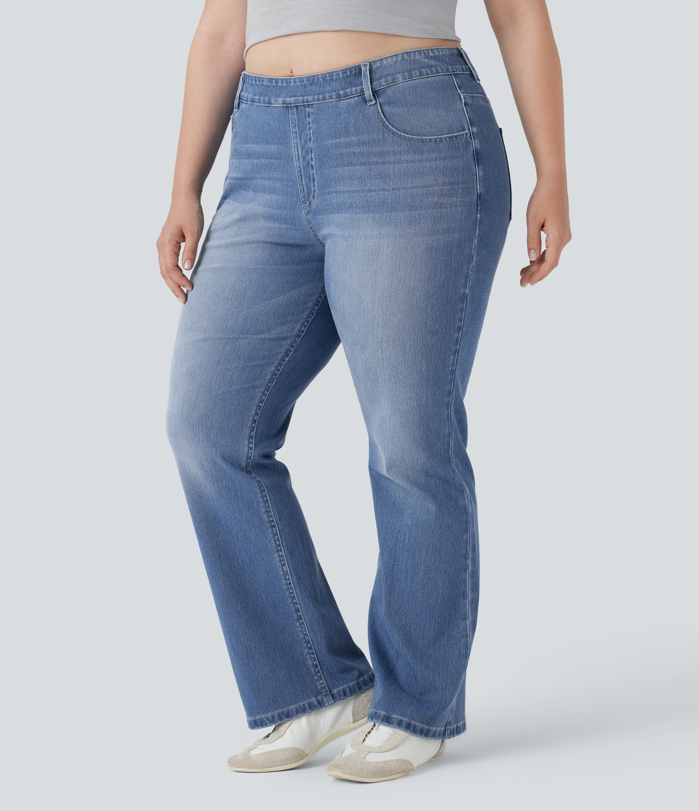 Jeans Halara Flex™ Denim vaquero corte acampanado elástico lavado tiro alto múltiple bolsillo talla grande