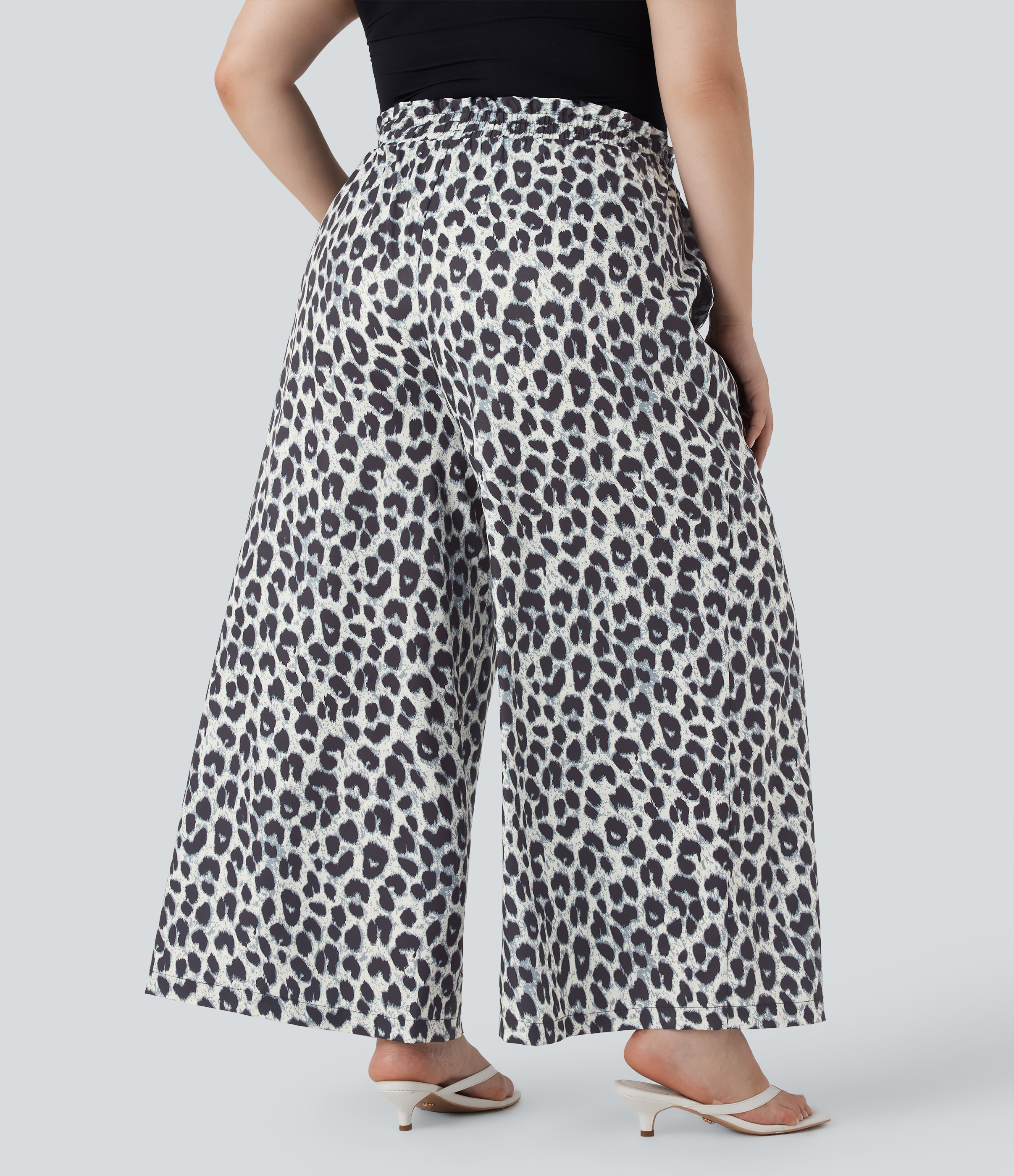 Silver Leopard Print Pantalon grande taille, taille haute, à cordon, imprimé léopard, coupe large, décontracté, avec poches / 2