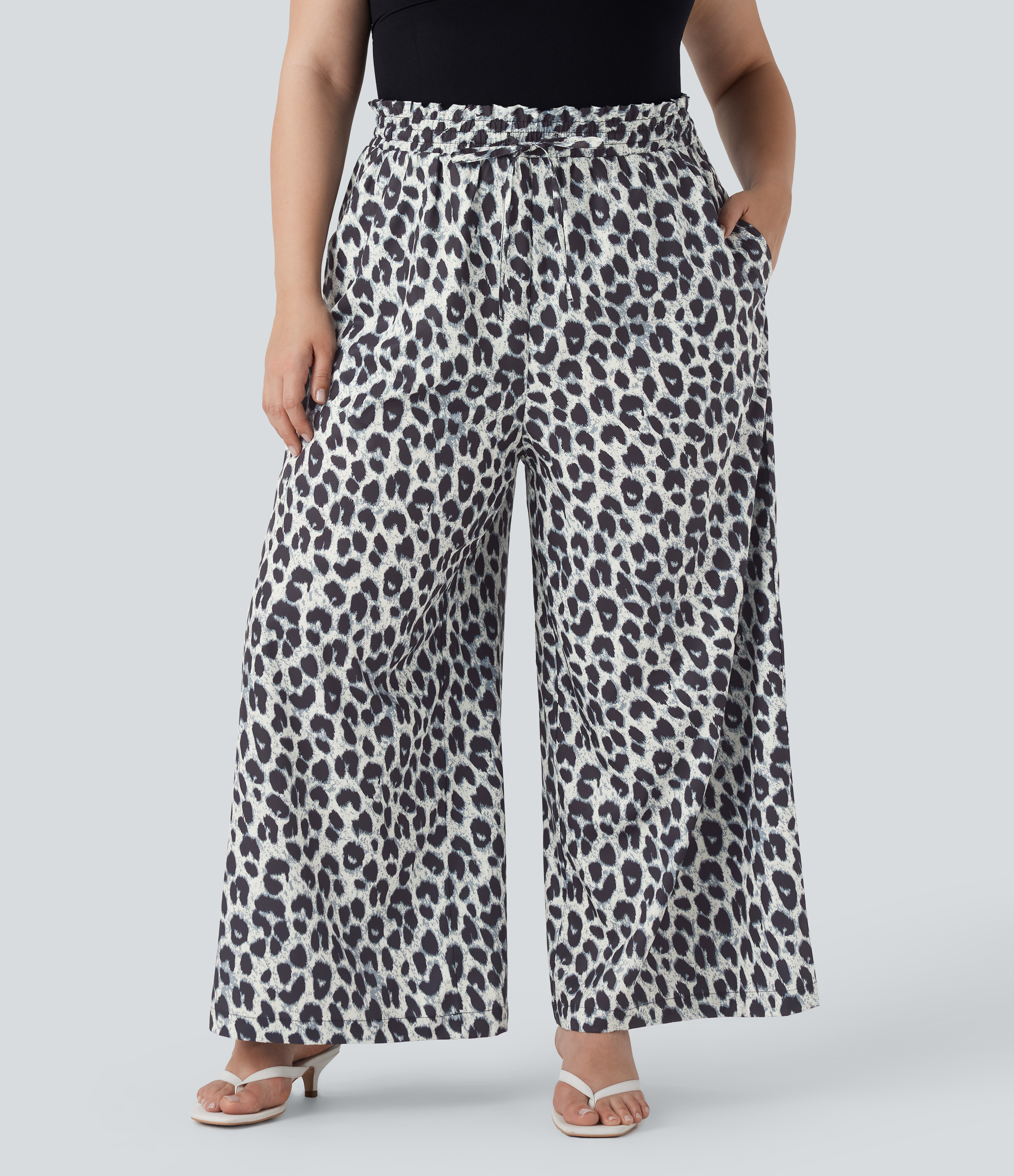 Pantalón pierna ancha estampado leopardo tiro alto cordón ajustable talla grande bolsillo lateral