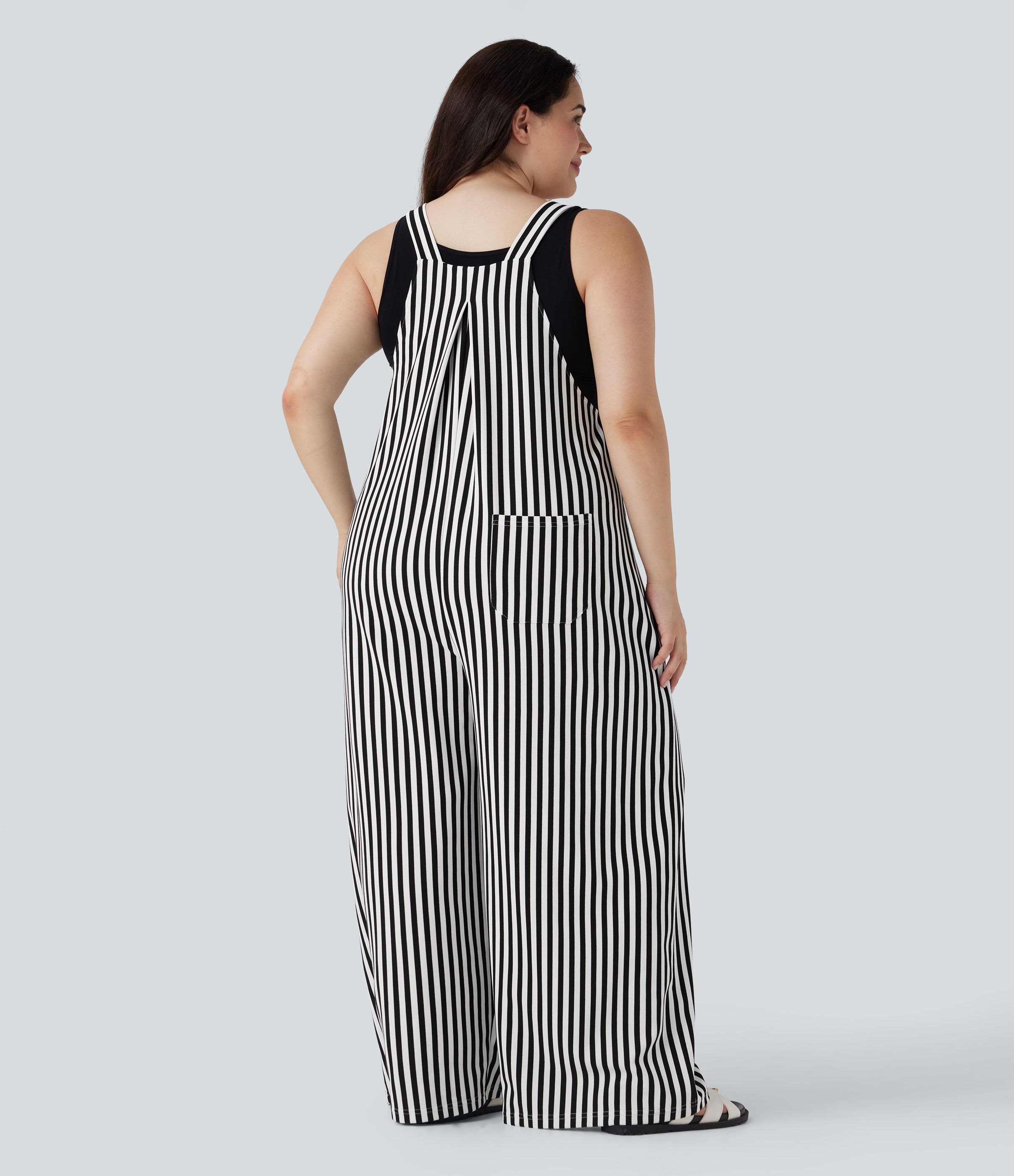 Black White Horizontal Stripe Peto resort talla grande botón raya tira ajustable múltiple bolsillo / 2