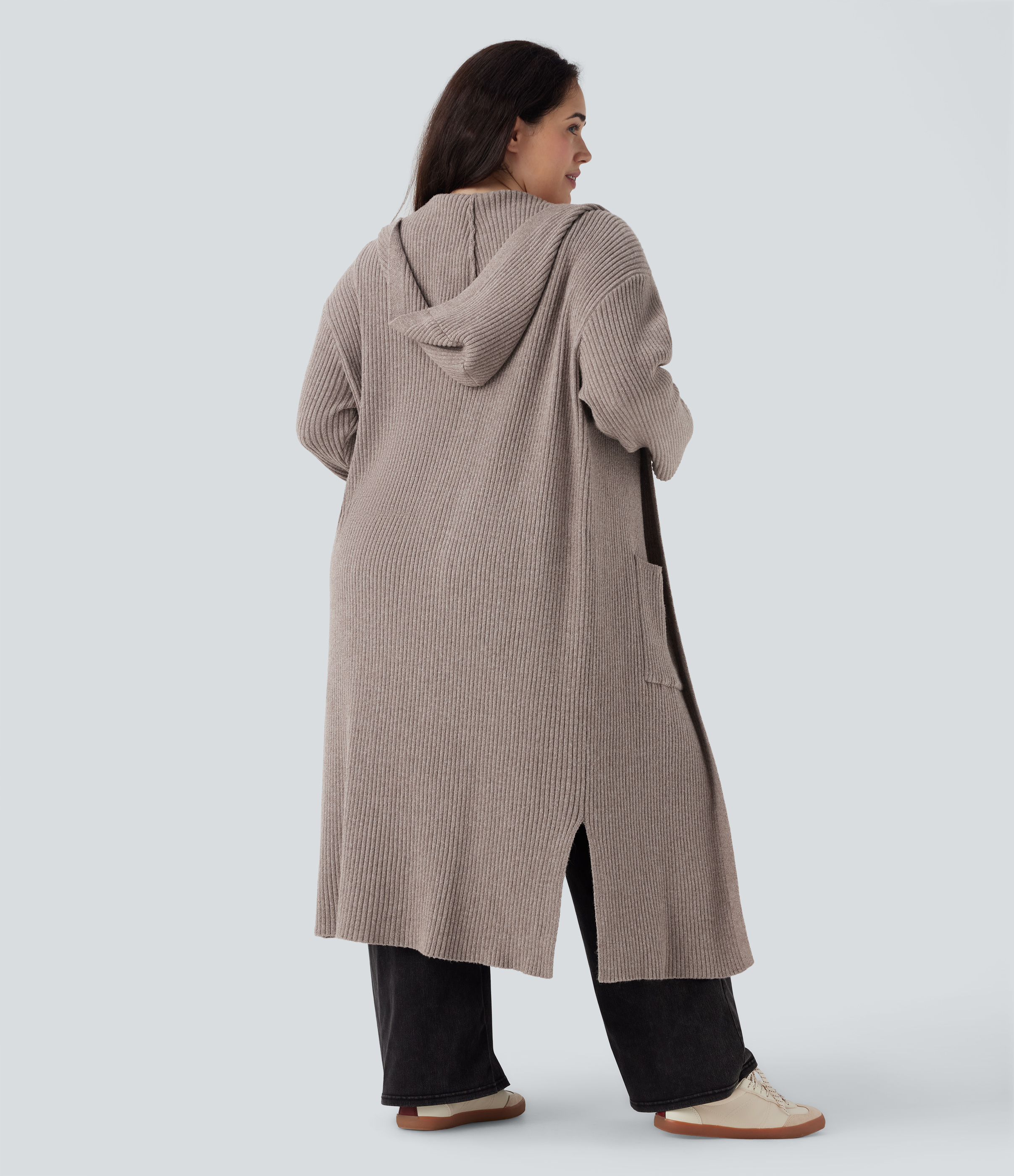 Mocha Meringue Langer Cardigan mit Kapuze, langen Ärmeln und Taschen, lässig, in Übergröße / 2