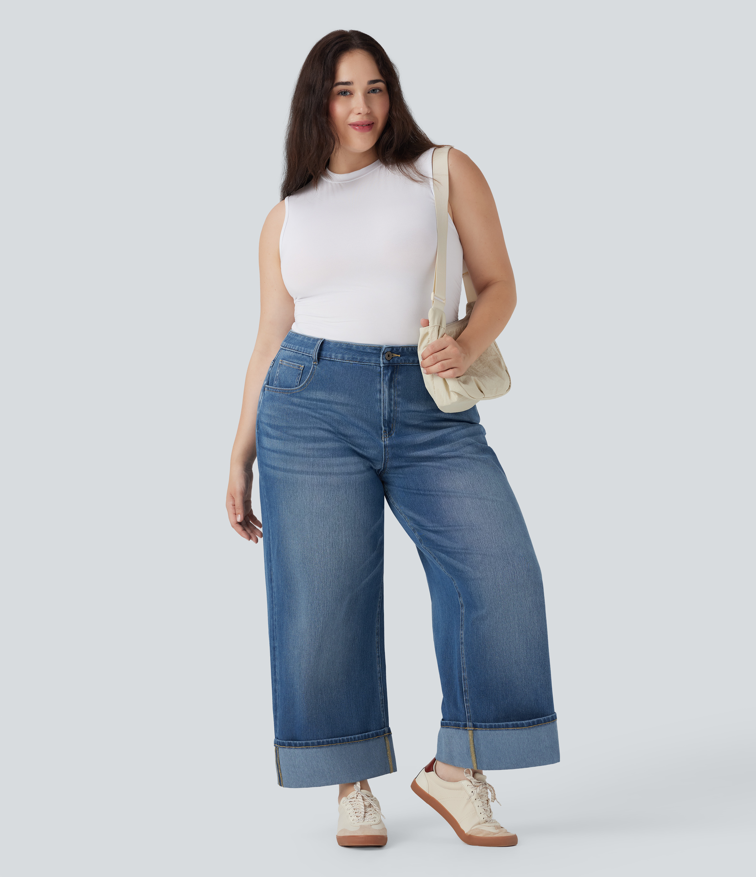 Plus Size Halara Flex™ High Waisted Wide Leg Rolled Hem Washed Stretchy Knit Casual Jeans with Pockets