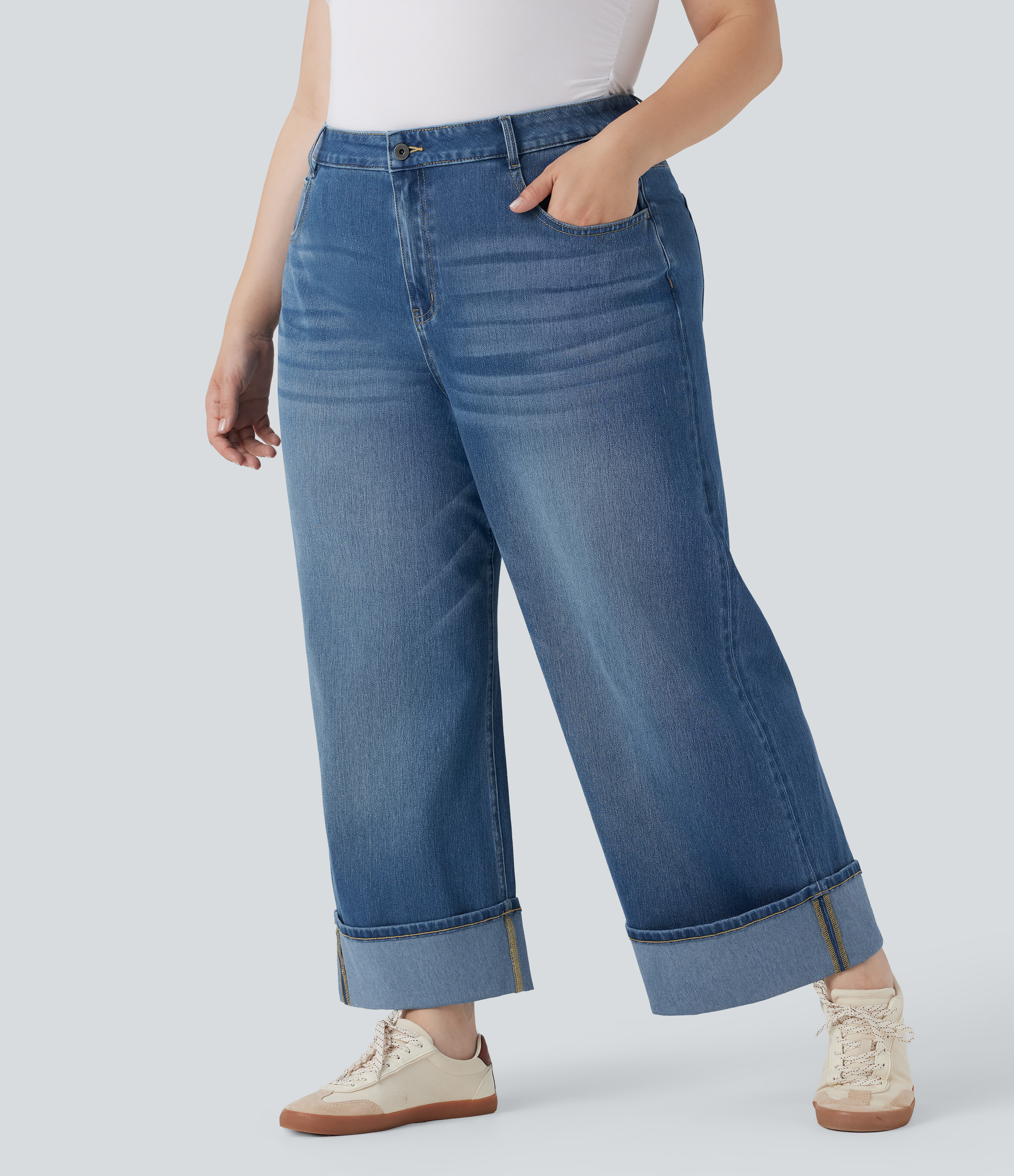 Jeans Halara Flex™ Denim elástico talla grande lavado tiro alto pierna ancha dobladillo enrollado bolsillo