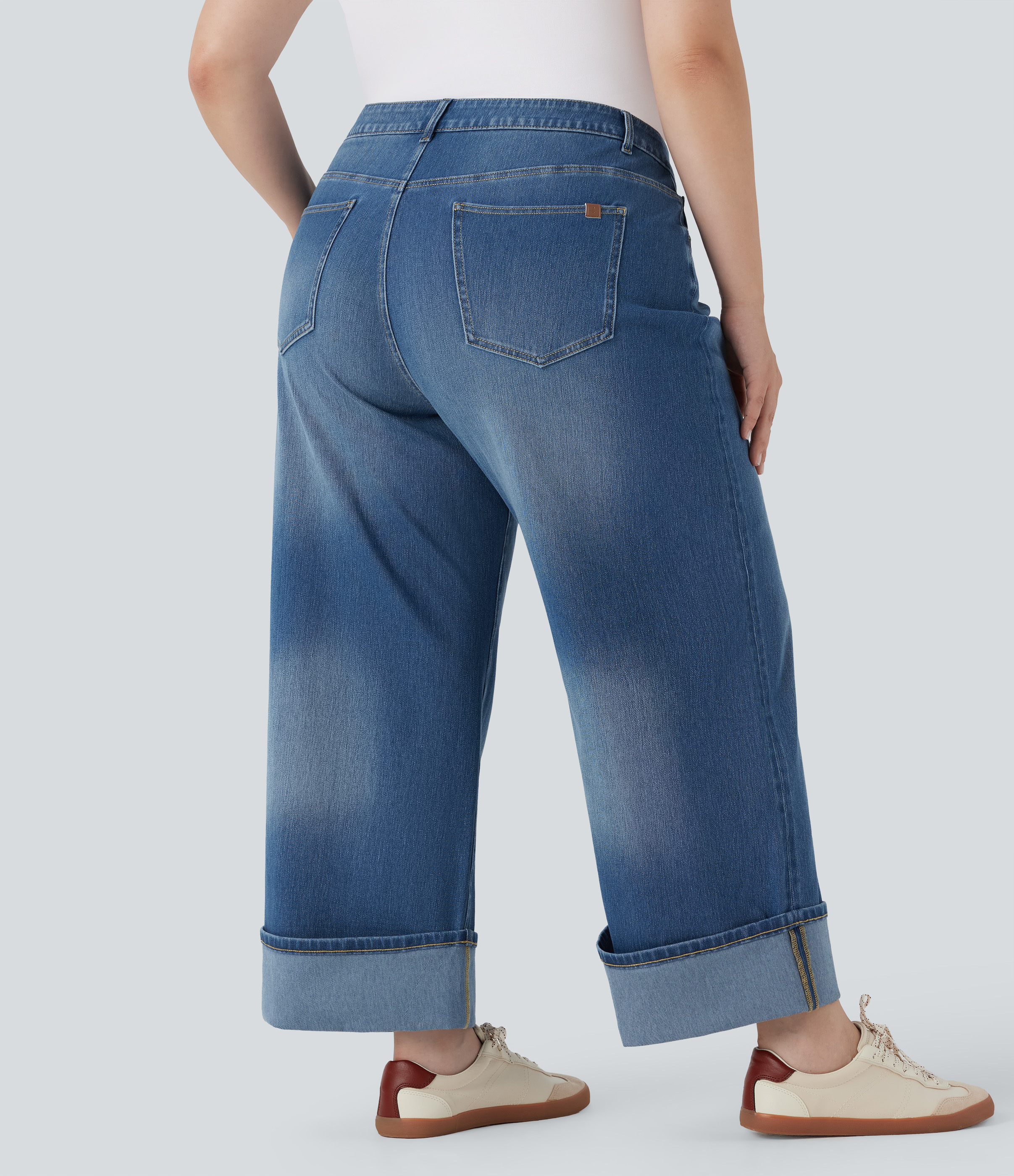 Blue Spruce Denim Jeans Halara Flex™ Denim elástico talla grande lavado tiro alto pierna ancha dobladillo enrollado bolsillo / 2