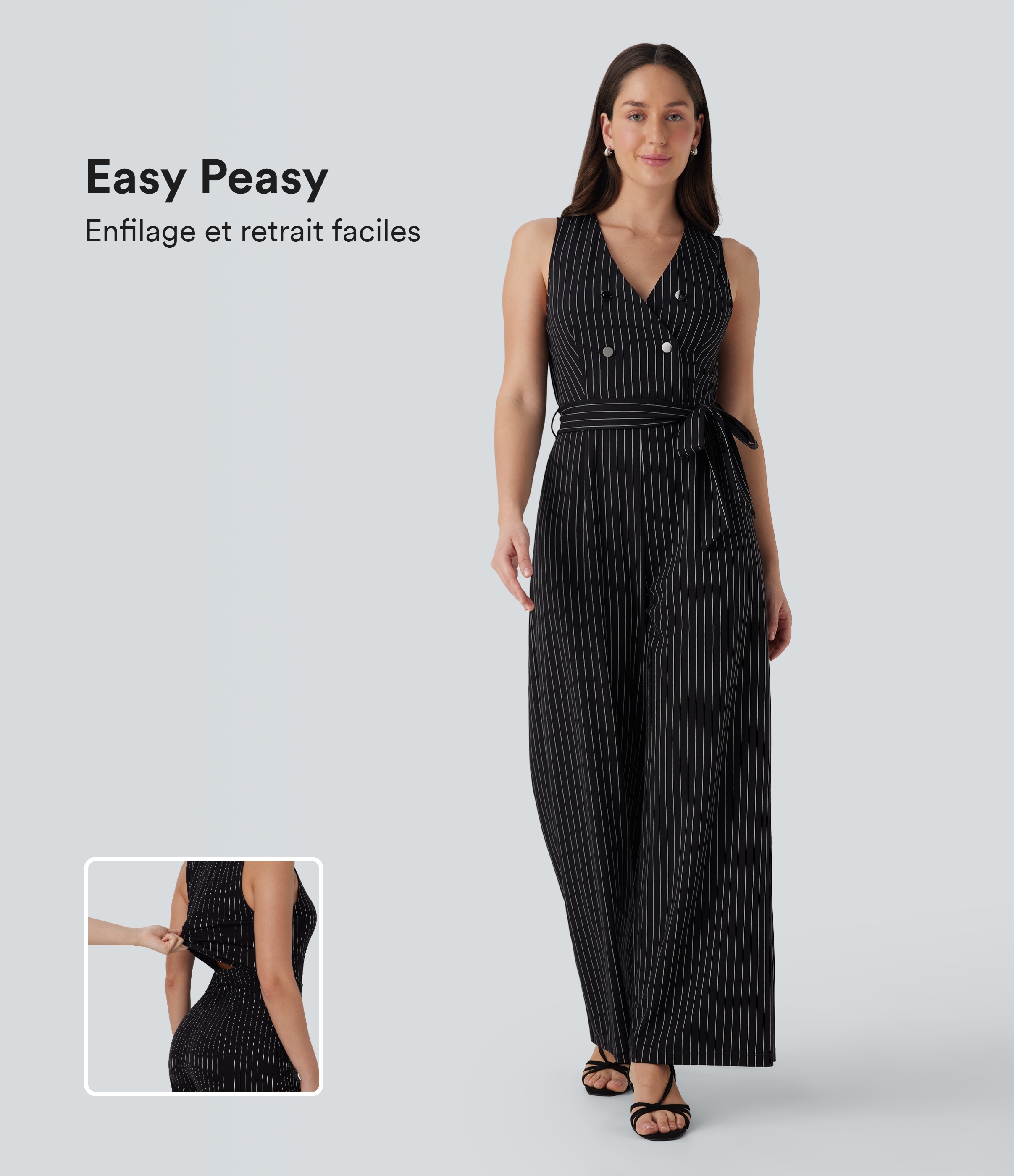 Combinaison tailleur sans manches à col V, ceinturée, avec fermeture éclair invisible, rayures et tissu frais avec poches-Easy Peasy