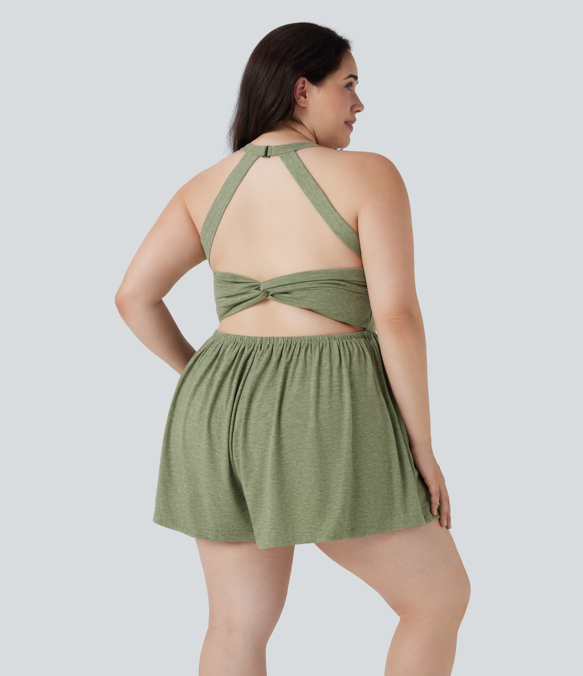 Light Green Floral Yarn Mono 2 en 1 talla grande sin espalda bolsillo - Edición Easy Peezy / 2