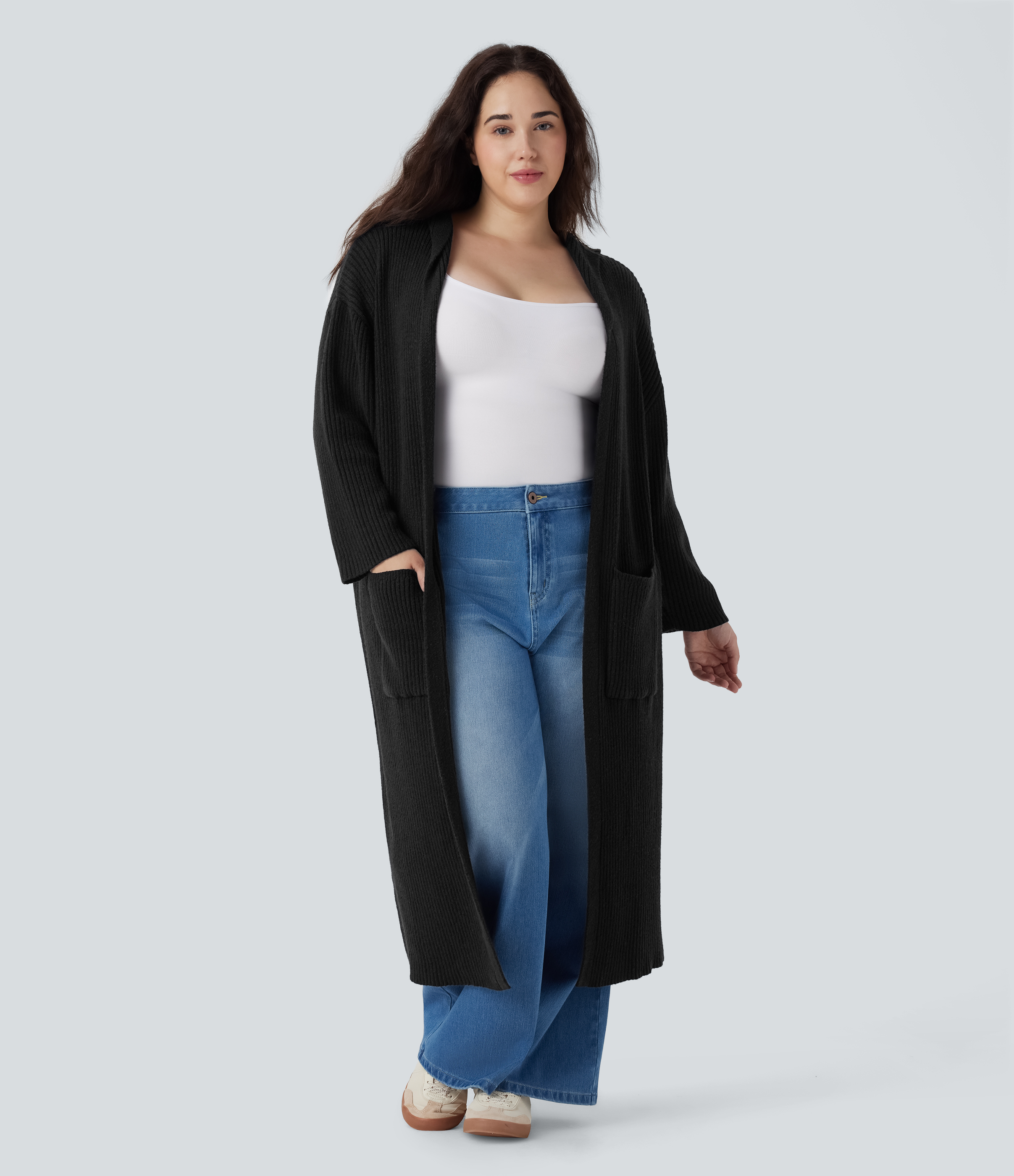 Cárdigan casual con capucha, manga larga, bolsillo, corte largo, tallas grandes