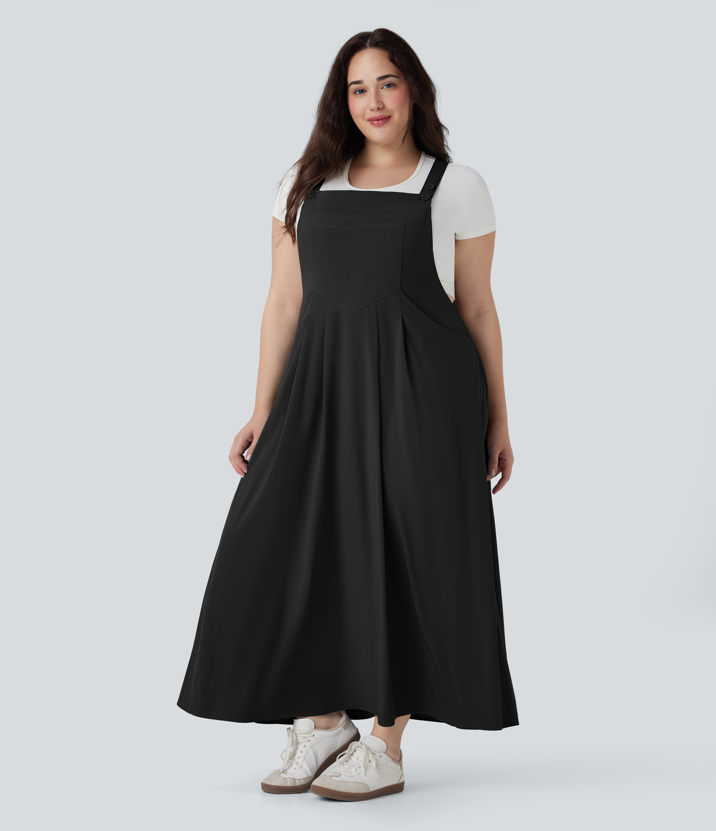 Breezeful™ Adjustable Strap Button Flowy Quick Dry Midi Casual Plus Size Pinafore Dress with Pockets