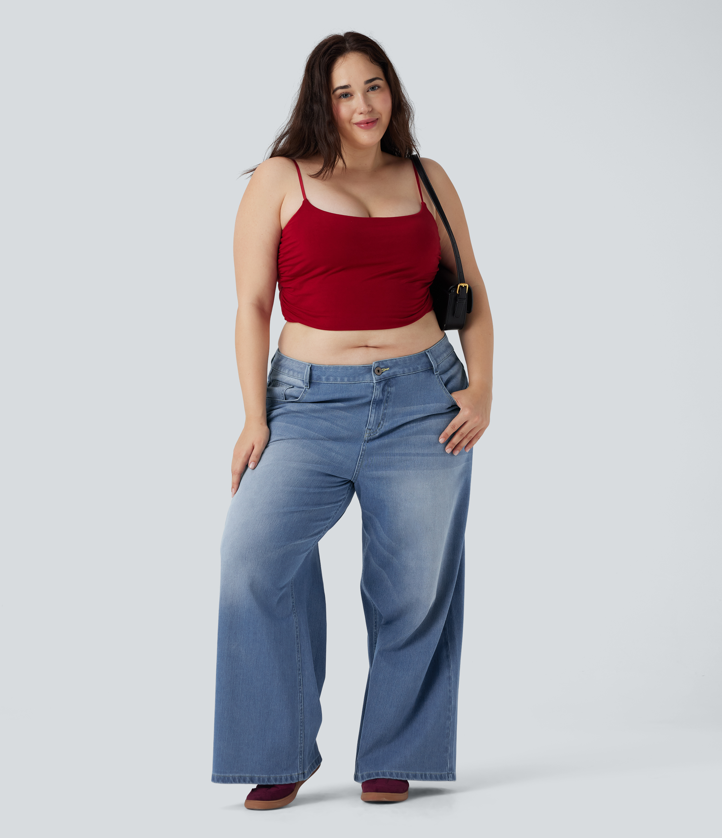 Blue Spruce Denim Jean décontracté grande taille Halara Flex™ taille basse large en maille extensible délavée avec multiples poches / 1