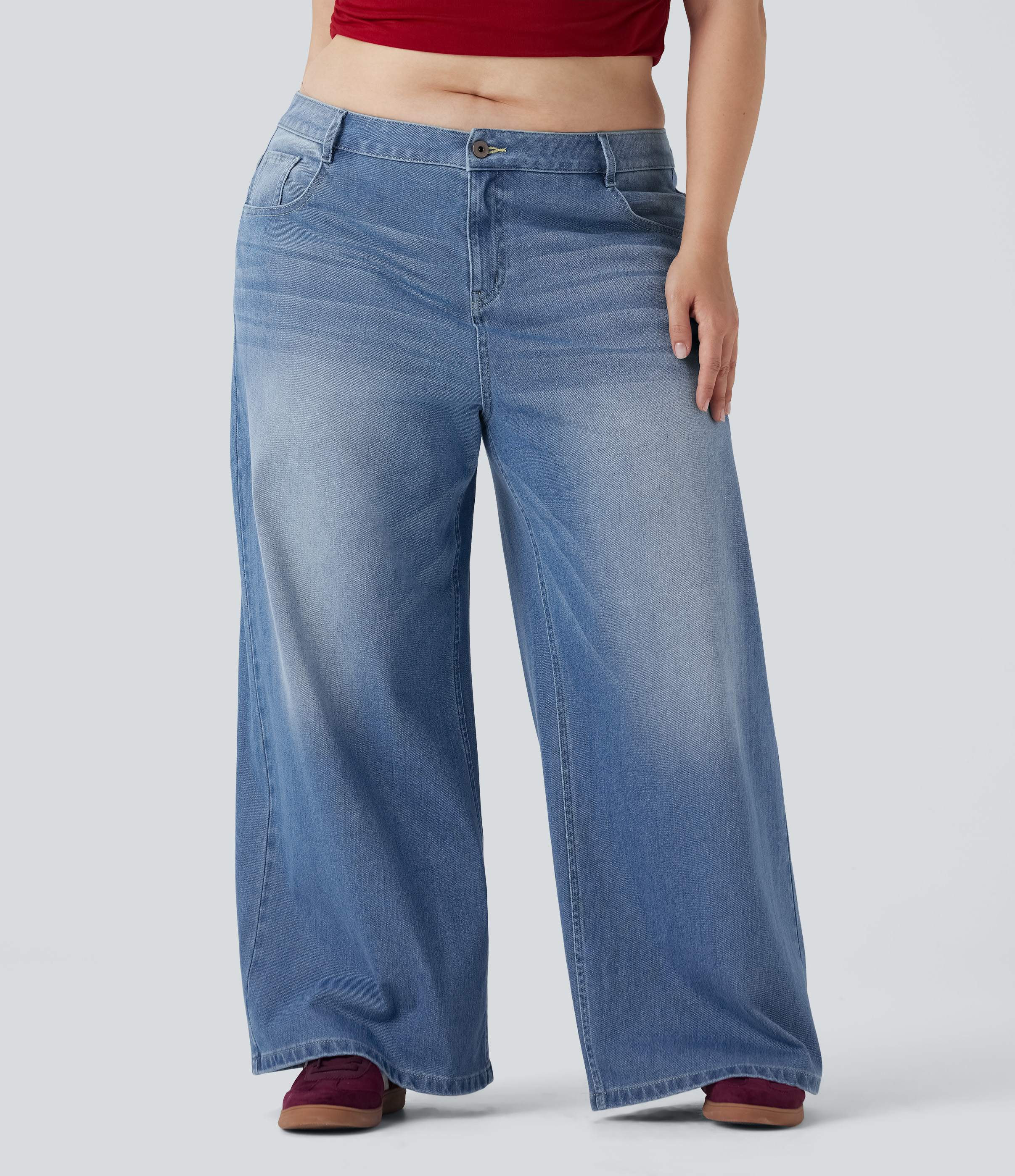 Blue Spruce Denim Jean décontracté grande taille Halara Flex™ taille basse large en maille extensible délavée avec multiples poches / 2