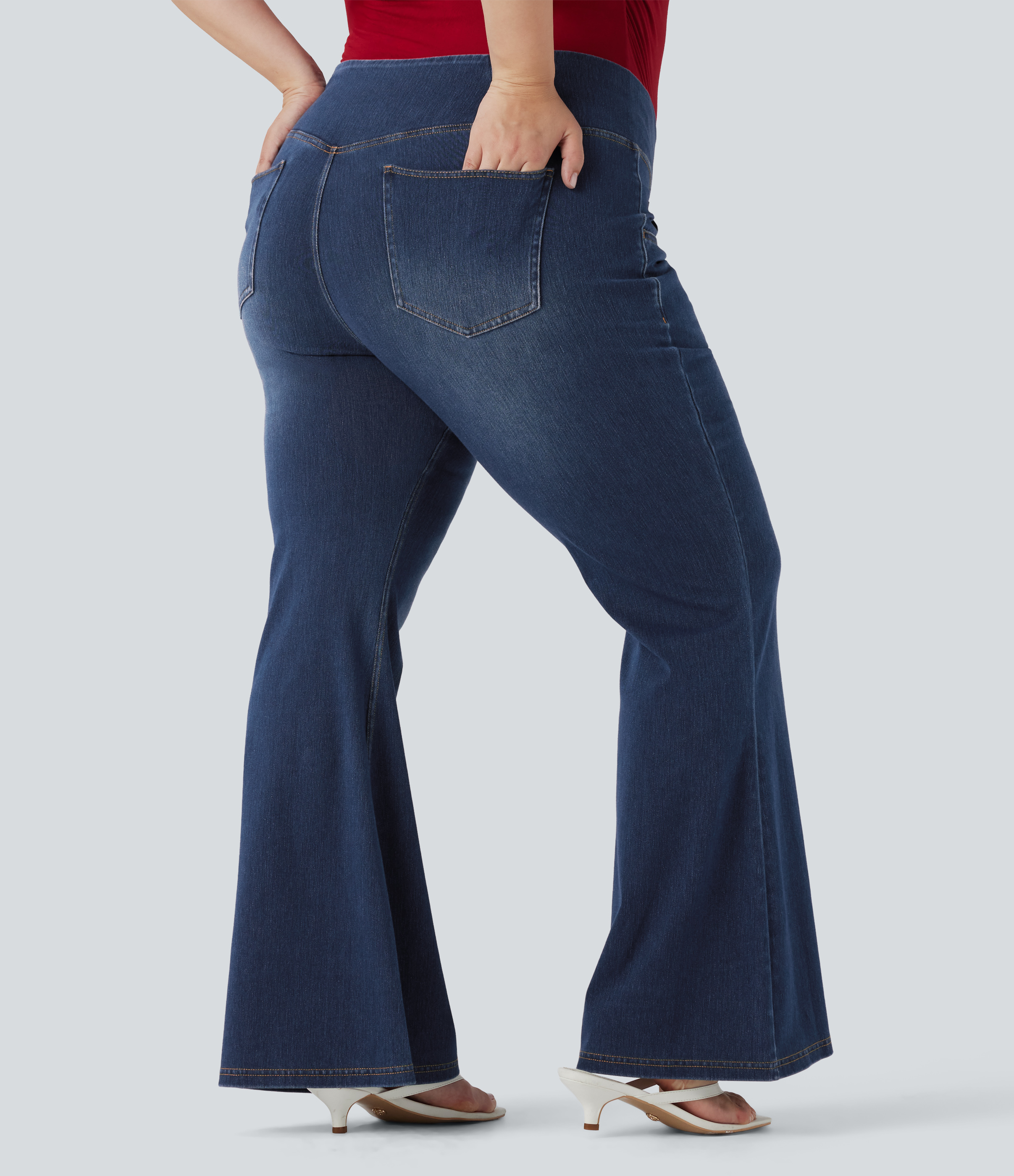 Bright Blue Denim Jeans Halara Flex™ Denim acampanado elásticos lavados de cintura alta cruzada con múltiples bolsillos en tallas grandes / 2