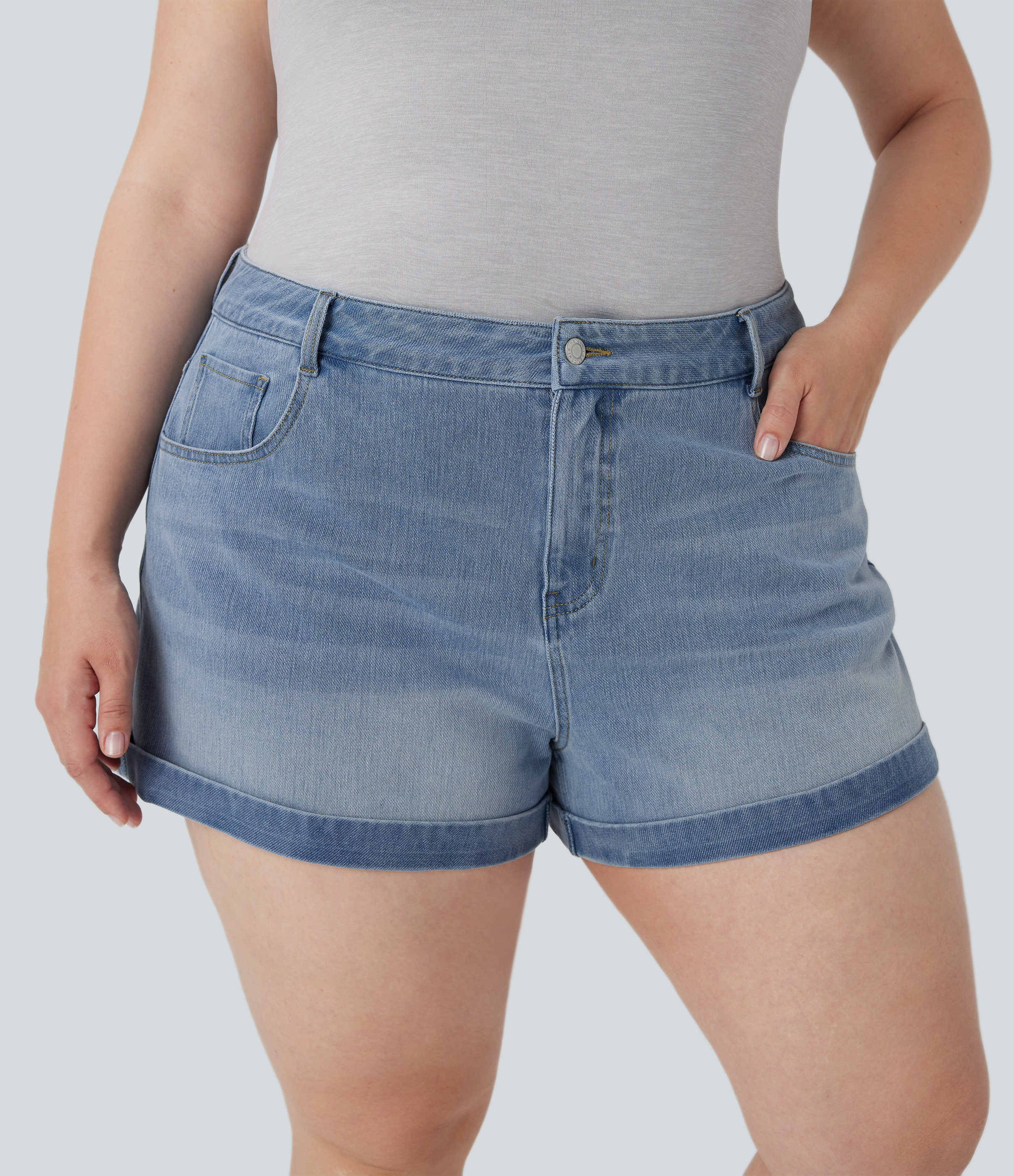 Shorts Halara Flex™ Denim mezclilla elástica cremallera botón múltiple bolsillo en talla grande de 7.5cm