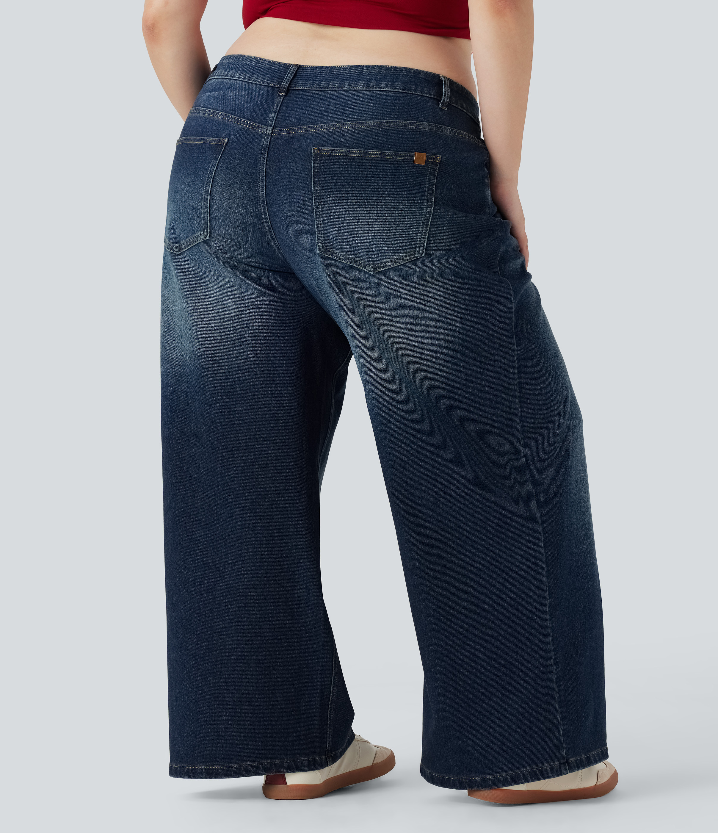 Paint Blue Denim Jean décontracté grande taille Halara Flex™ asymétrique taille basse jambes larges effet délavé avec poches / 2