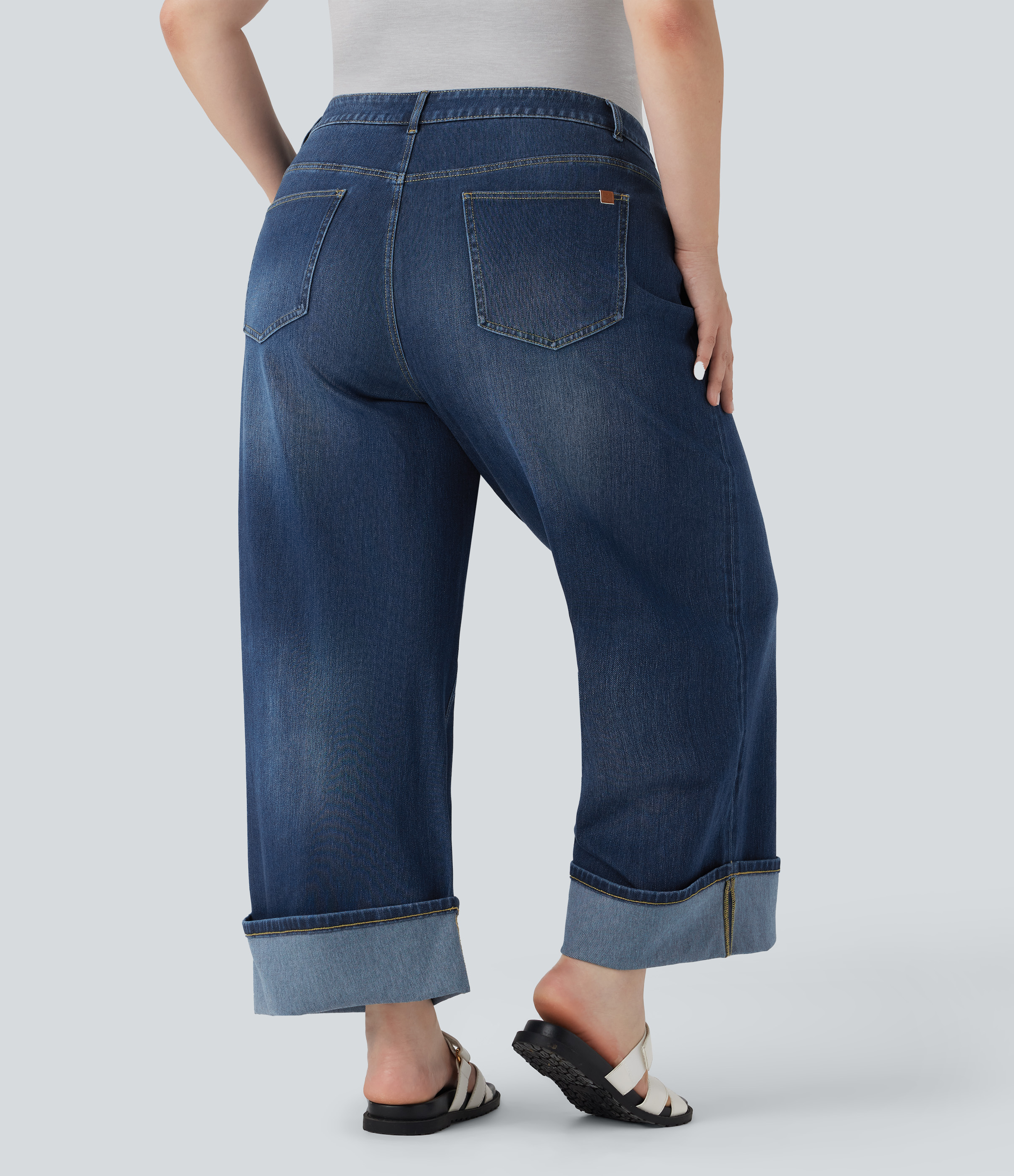 Paint Blue Denim Talla grande Halara Flex™ talle alto, pierna ancha, dobladillo vuelto, efecto lavado, punto elástico, jeans casuales con bolsillos / 2