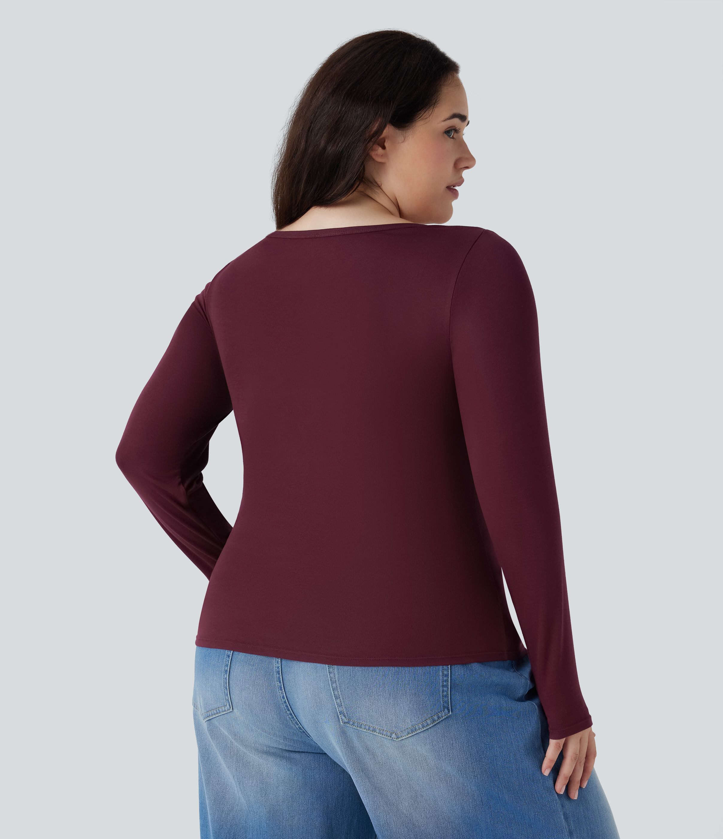 Maroon Banner Top manga larga cuello Henley acanalado talla grande / 2