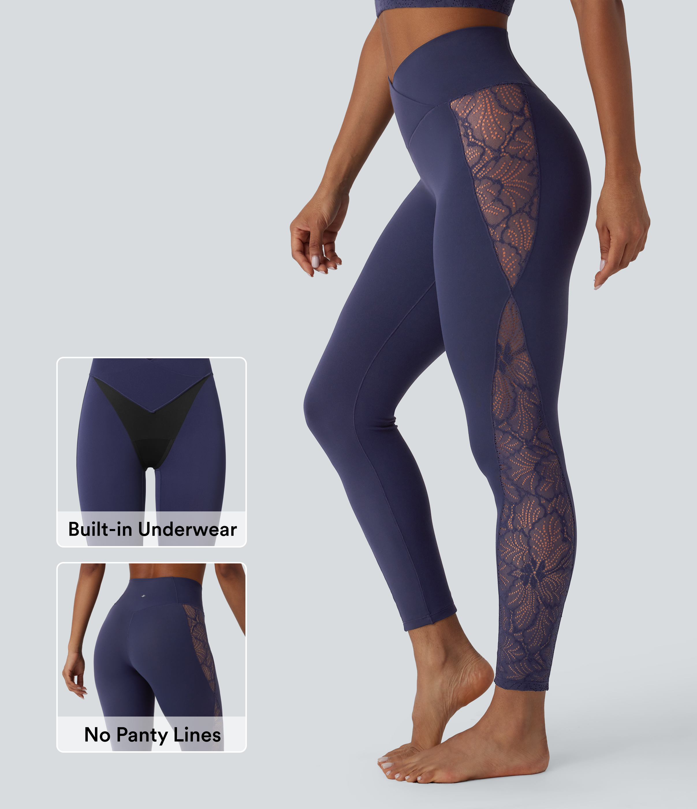 Leggings de yoga SoftlyZero™ de cintura alta con encaje en contraste cruzado y bolsillo incorporado - UPF50+