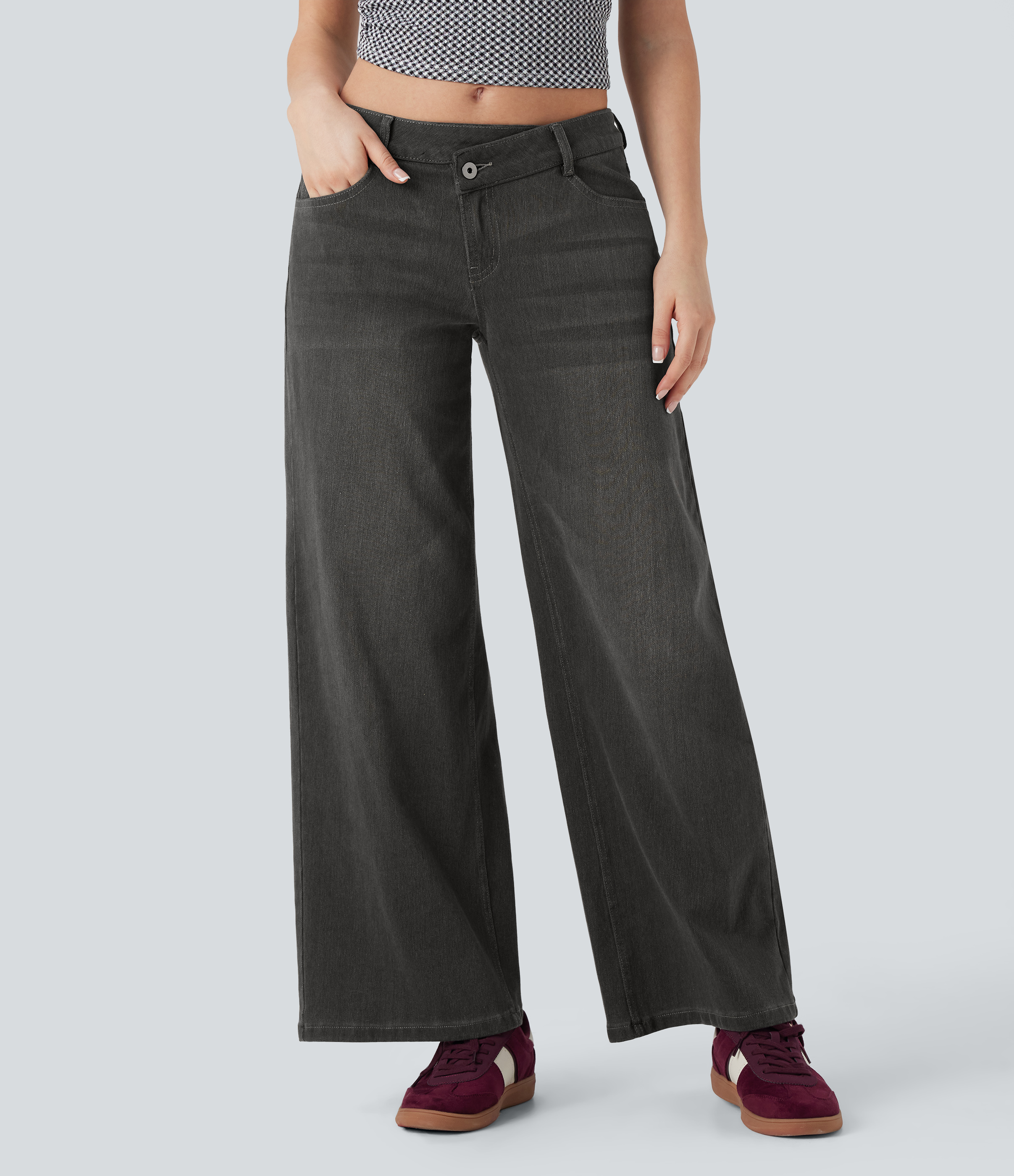 Jean décontracté Halara Flex™ asymétrique taille basse avec poches zippées et jambes larges délavées