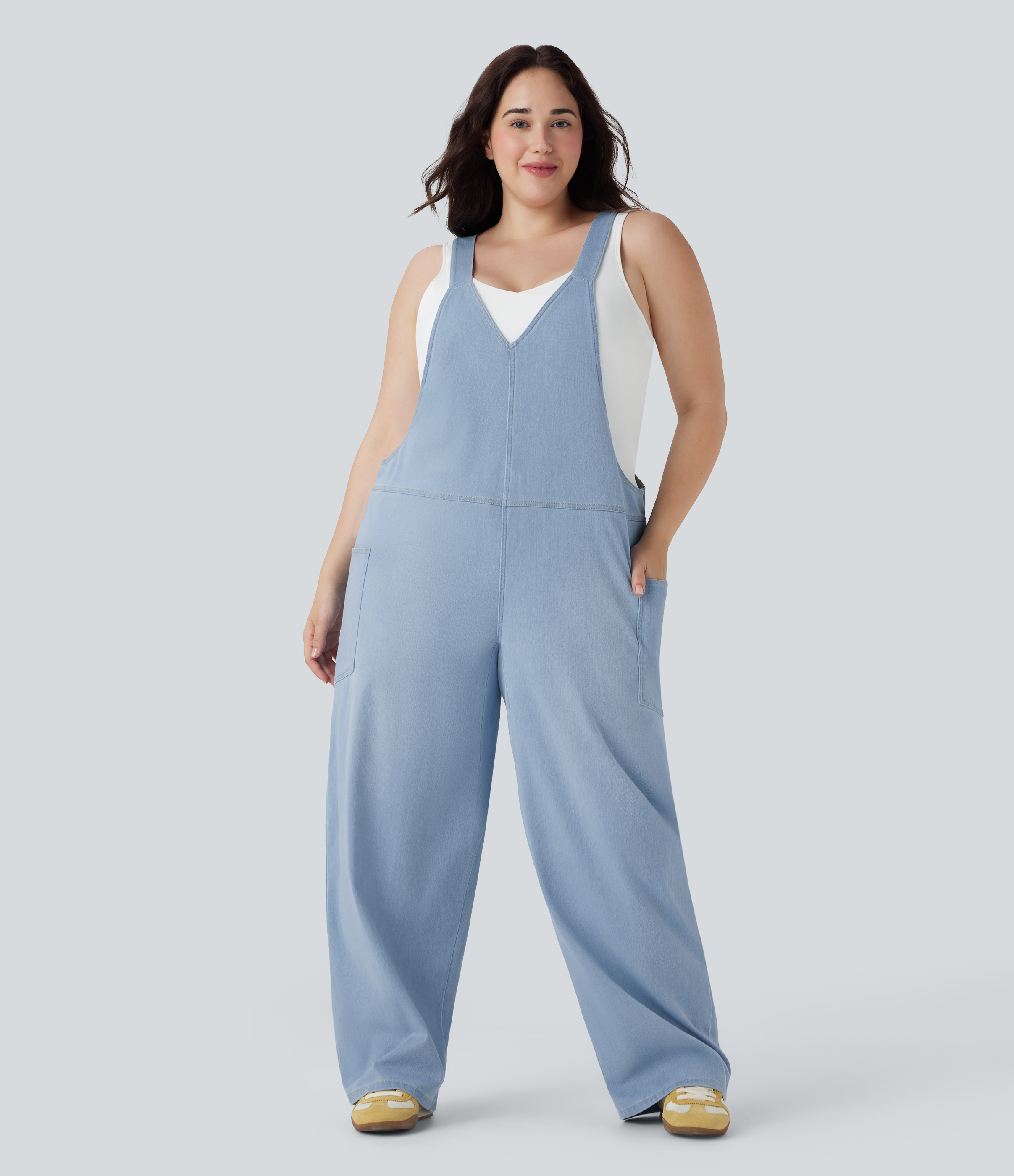 Halara Flex™ V Neck Washed Denim Casual Plus Size Overalls with Pockets