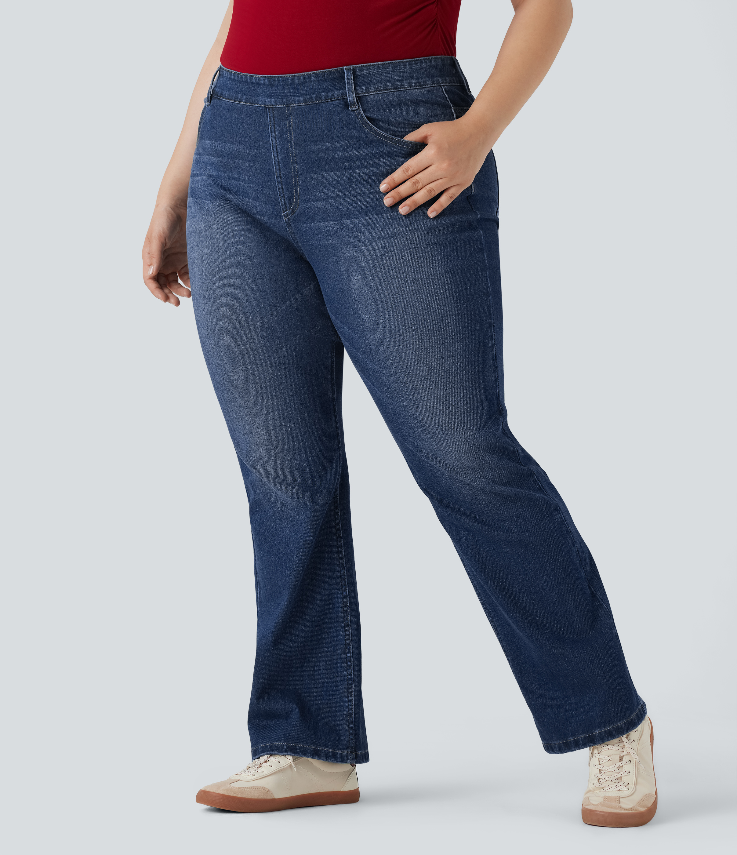 Paint Blue Denim Plus Size Halara Flex™ High Waisted Washed Casual Bootcut Jeans with Pockets / 2