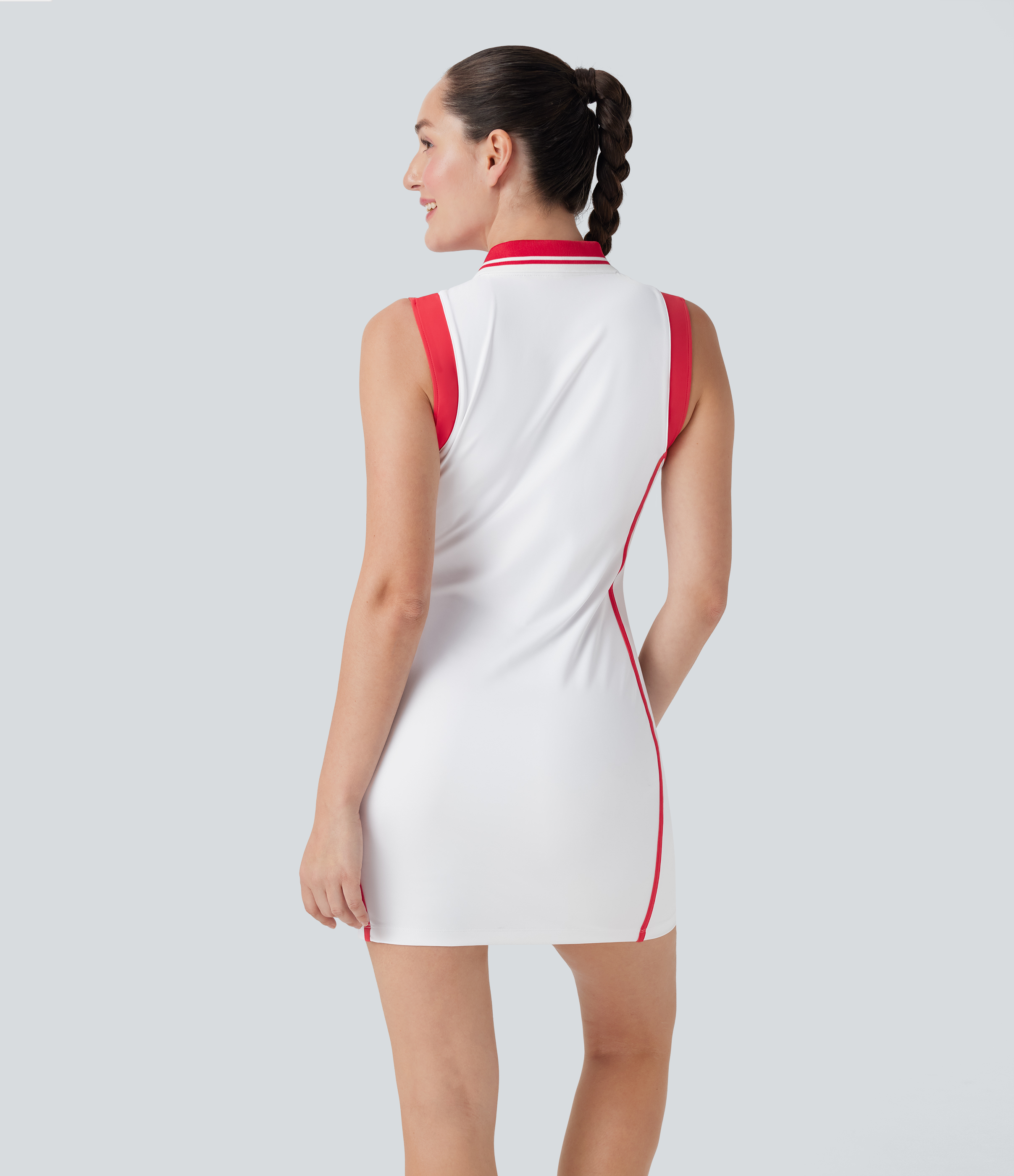 White SoftlyZero™ Airy Color Block Polo Zip Sleeveless Bodycon InstantCool Mini Casual Dress / 2