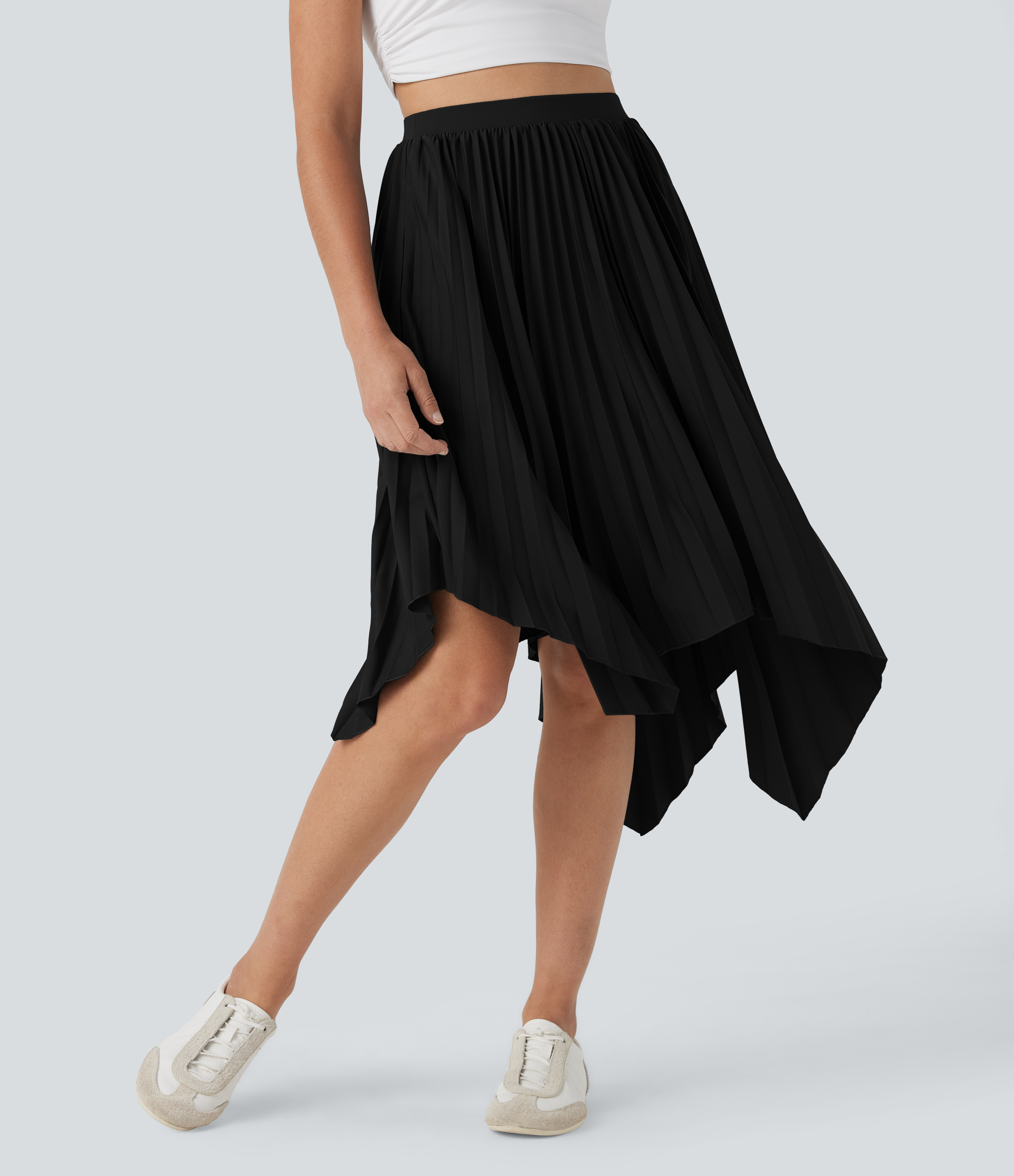 High Waisted Pleated Asymmetrical Hem Casual Skirt with Pockets