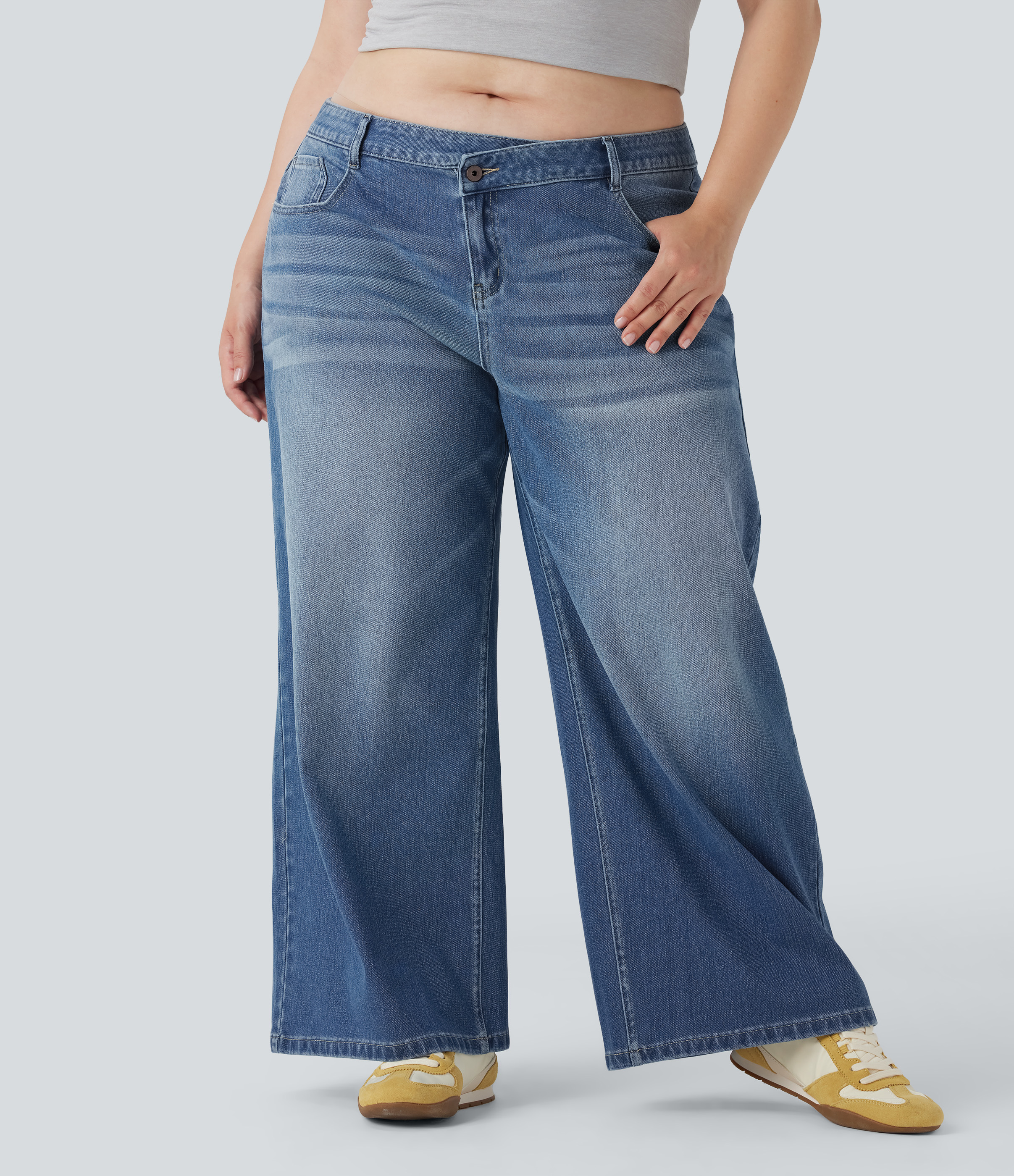 Plus Size Halara Flex™ Asymmetric Low Rise Wide Leg Washed Casual Jeans with Pockets