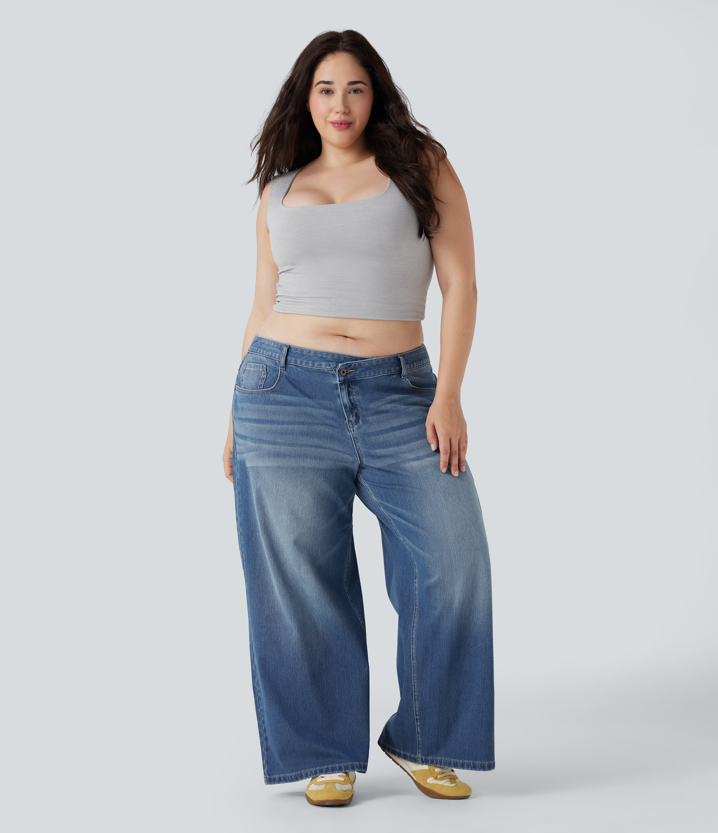 Plus Size Halara Flex™ Asymmetrische Low-Rise Wide Leg Jeans mit Taschen
