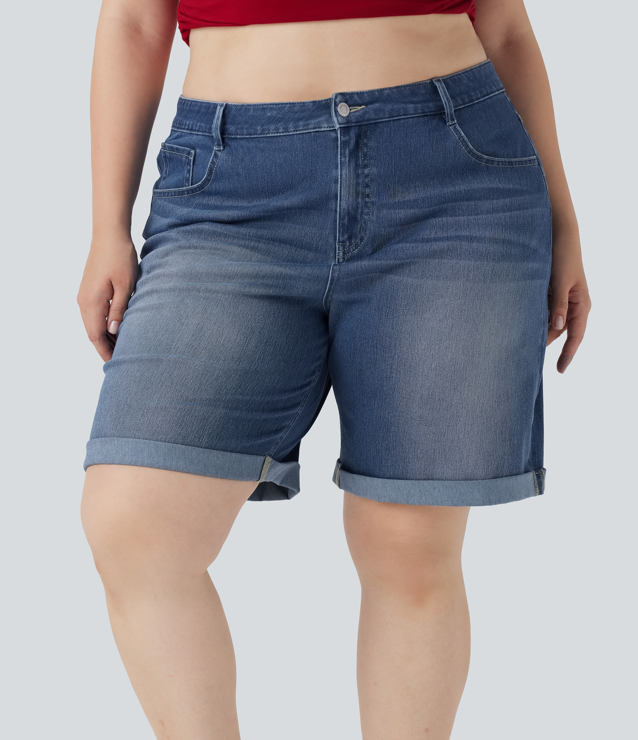 Bermudas Halara Flex™ Denim tiro alto múltiple bolsillo dobladillo enrollado vaquero elástico lavado talla grande