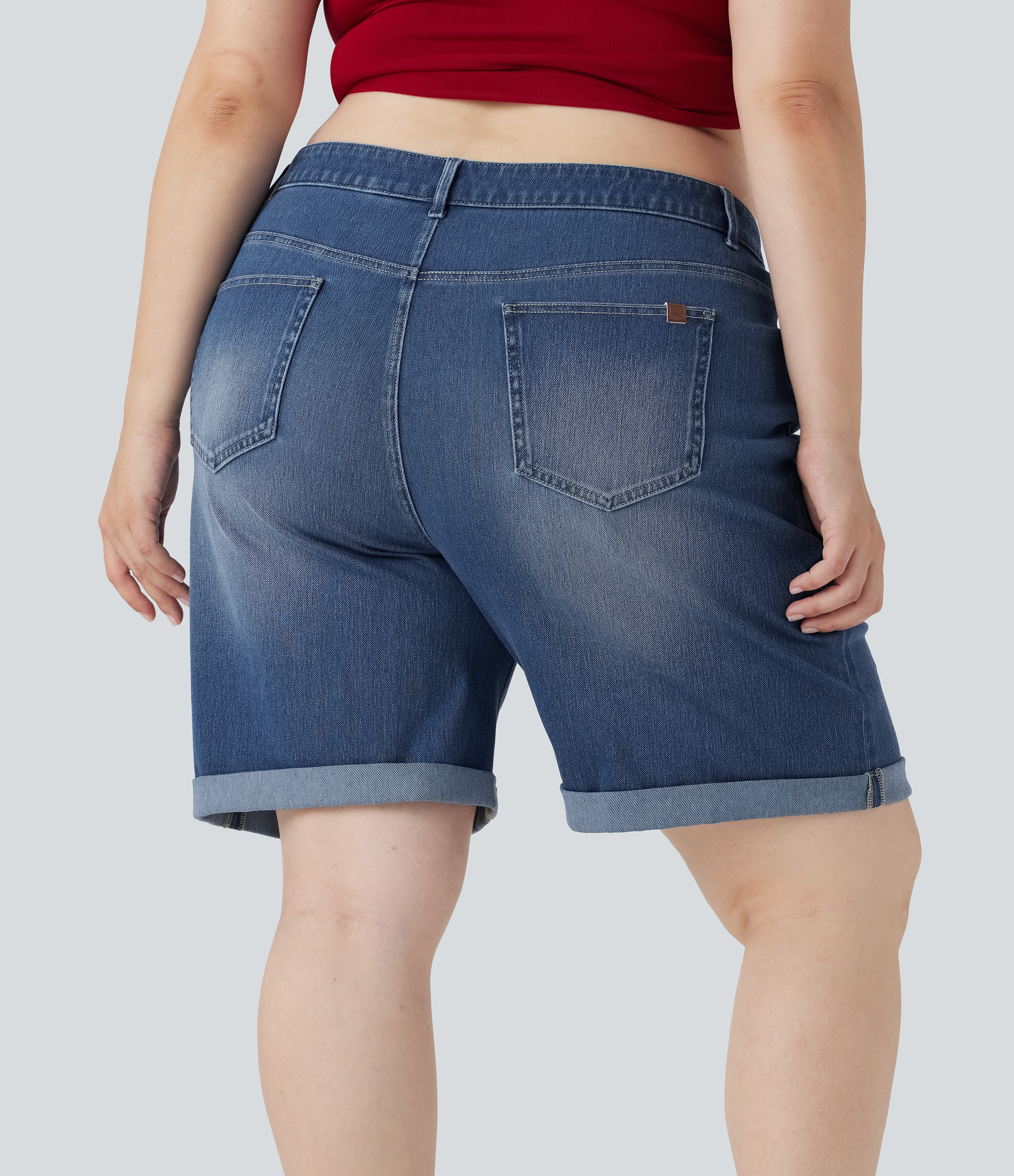 Paint Blue Denim Bermudas Halara Flex™ Denim tiro alto múltiple bolsillo dobladillo enrollado vaquero elástico lavado talla grande / 2