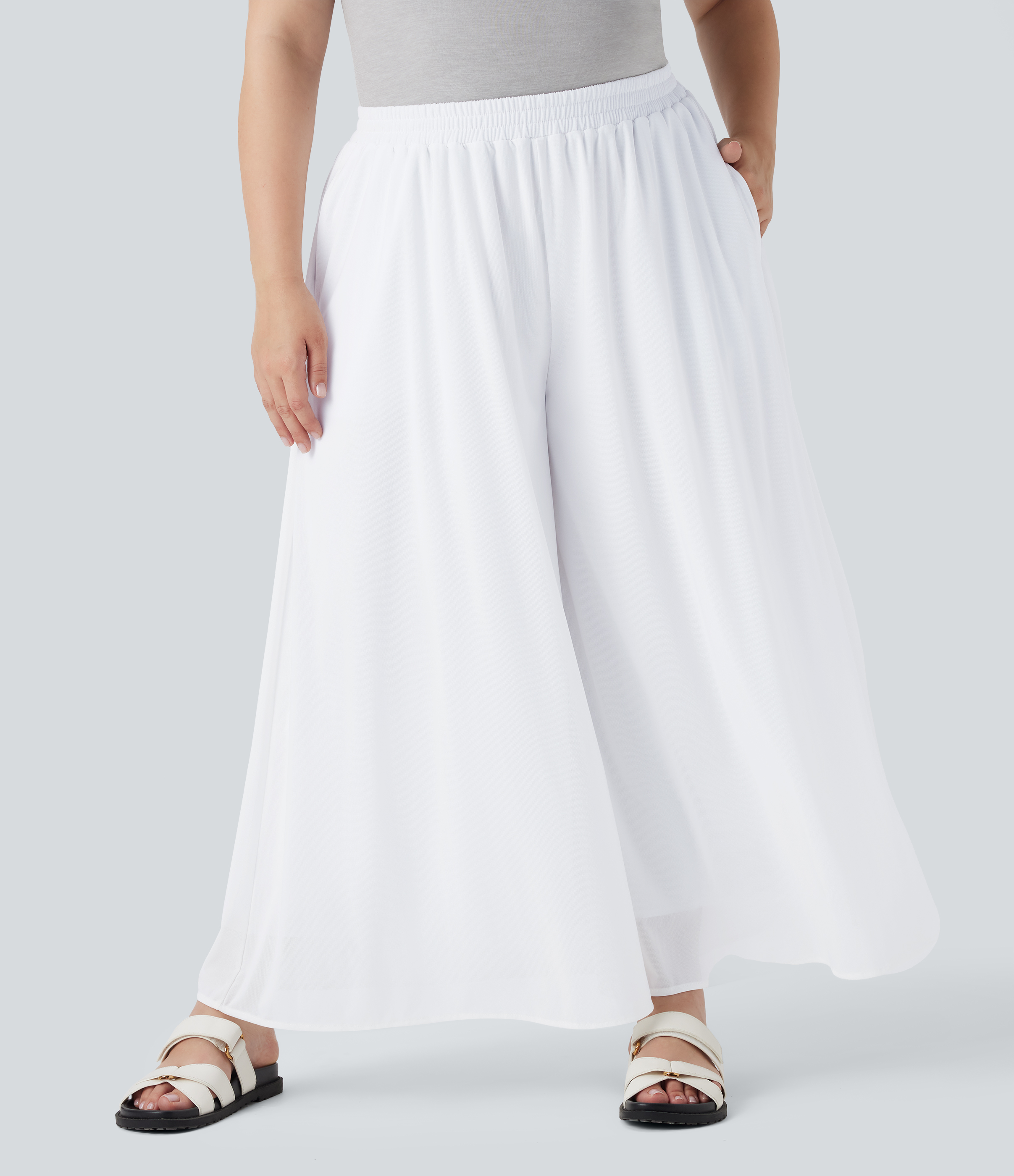 Plus Size High Waisted Mesh Overlay Wide Leg Casual Pants with Pockets