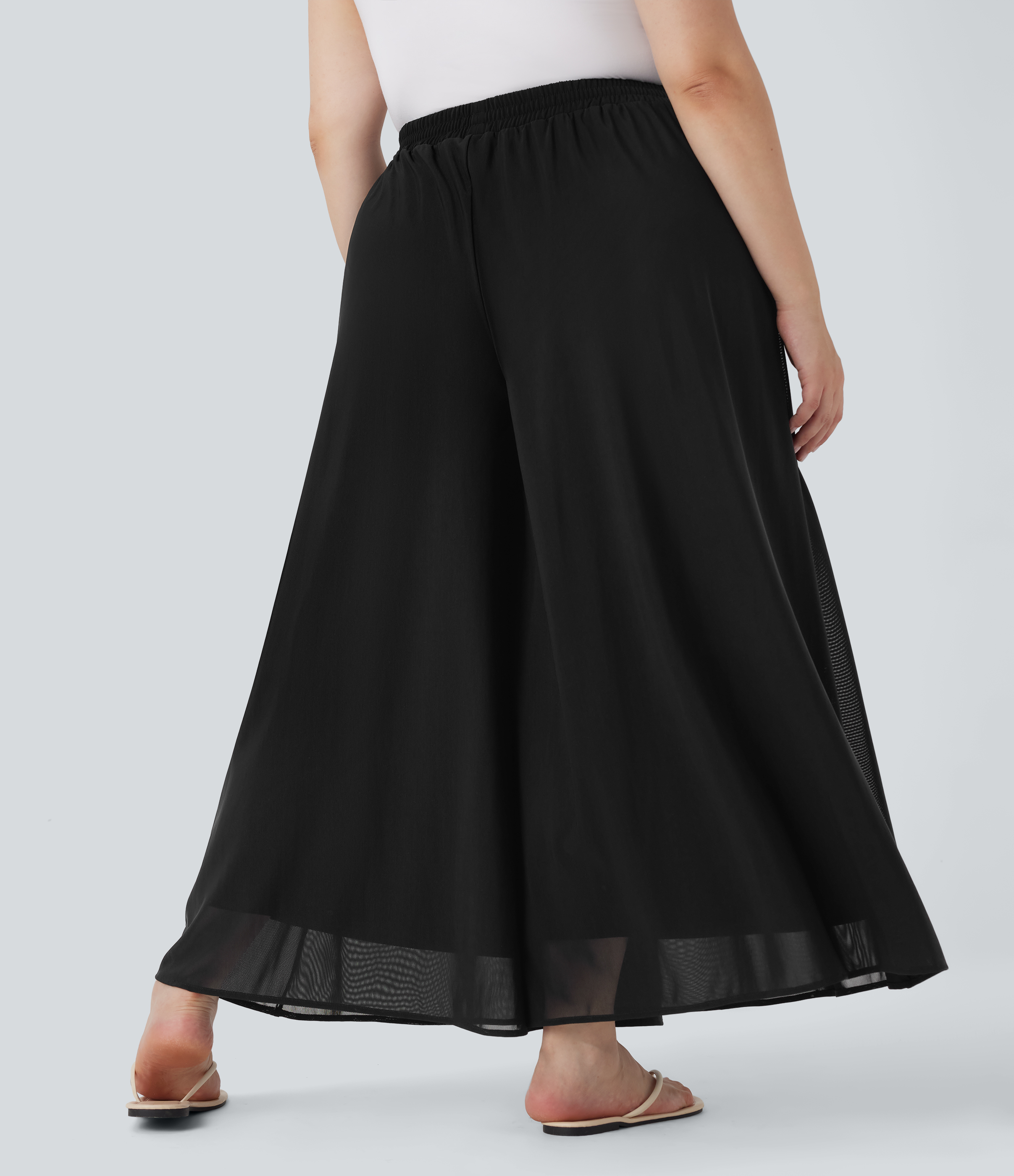 Negro Pantalones casuales de pierna ancha con superposición de malla y cintura alta de talla grande con bolsillos laterales / 2