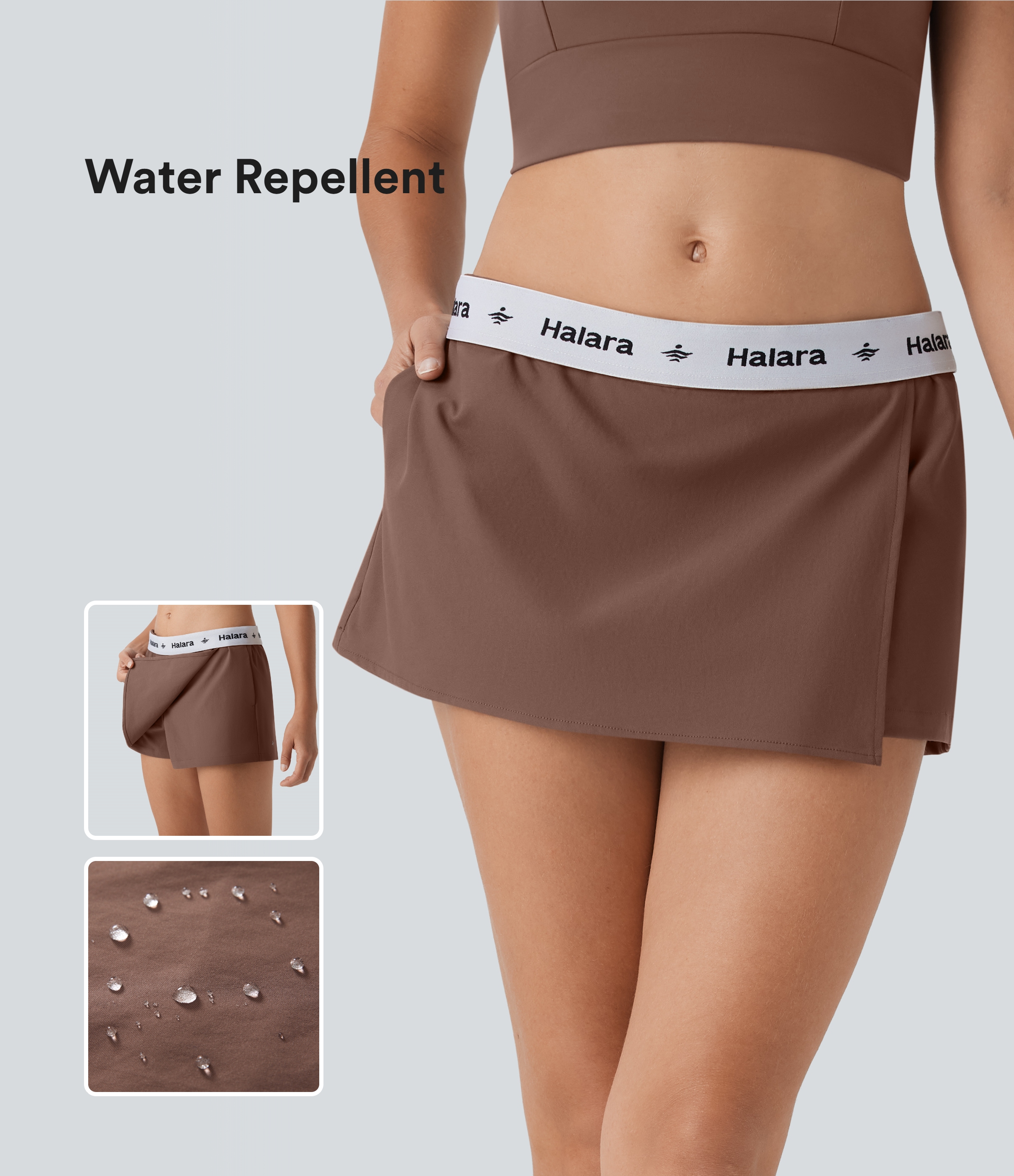 Halara – Wasserabweisender Tennis-Miniskort aus Twill mit mittelhohem Bund, Seitentaschen und Umschlag – Clove – XL