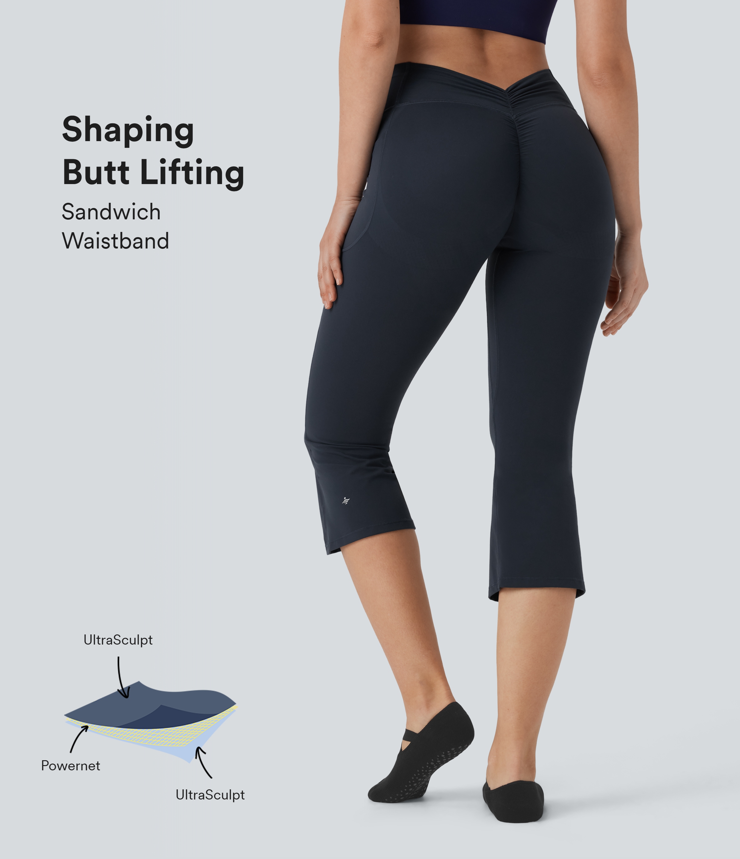 Leggings capri de yoga Halara UltraSculpt™ con corte acampanado y fruncido de cintura alta con moldeador de abdomen y push-up con bolsillos laterales 