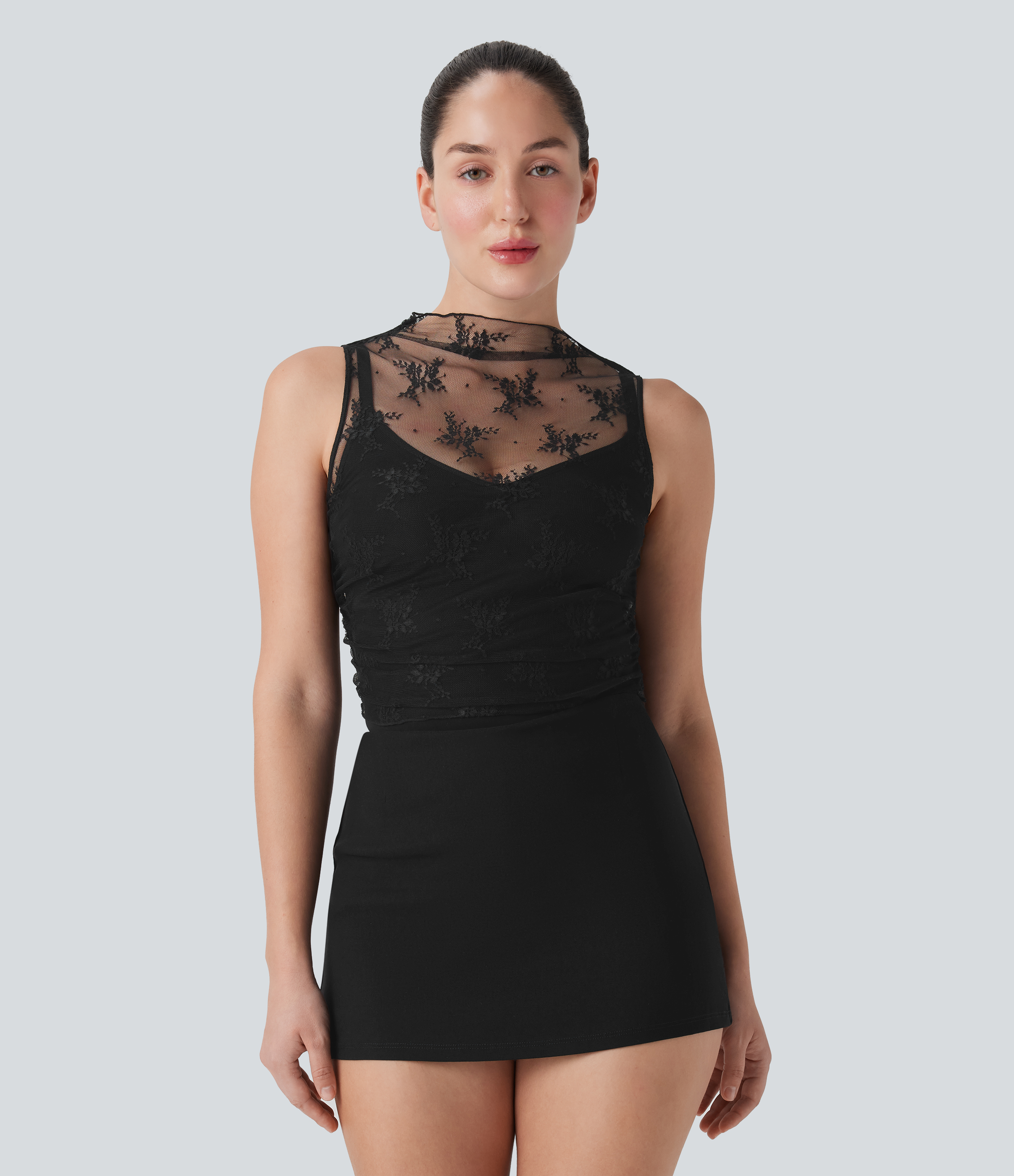 Mock Neck Sleeveless Ruched Cropped Sheer Lace Casual Top