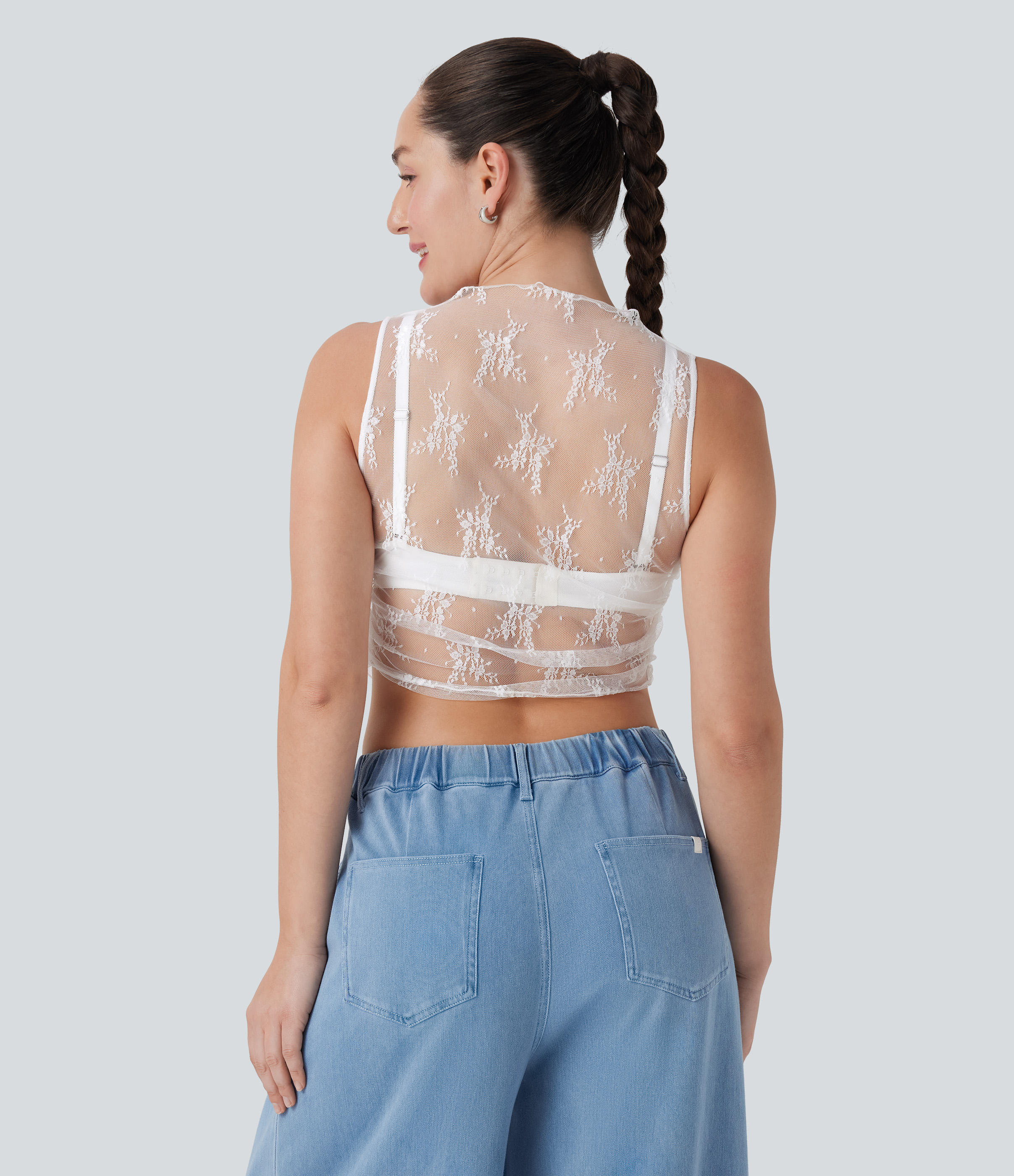 Blanco Top casual corto fruncido sin mangas con cuello alto y encaje transparente / 2