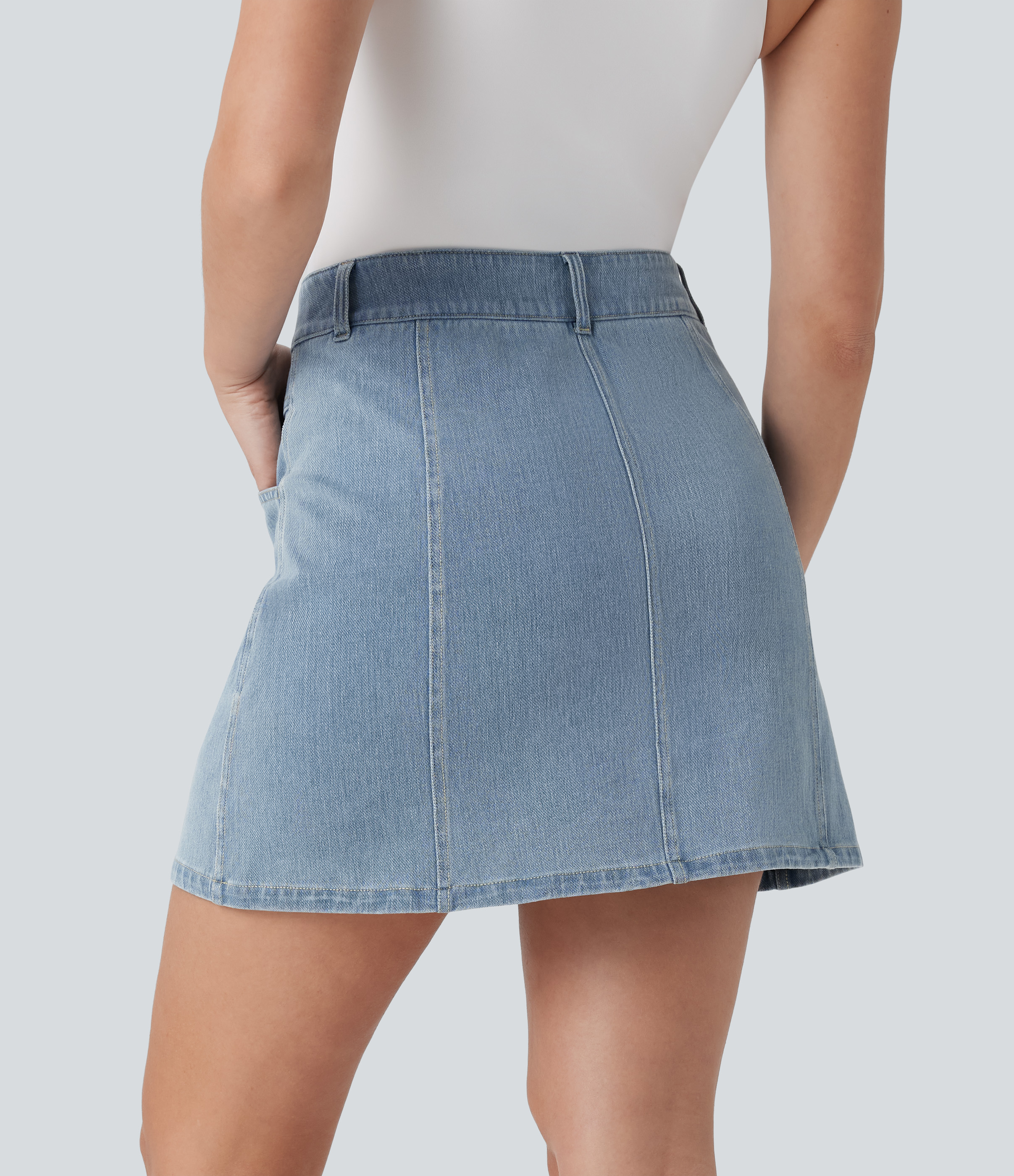 Malibu Blue Denim Mini falda Halara Flex™ Denim vaquera elástica en corte A de tiro medio y bolsillos / 2