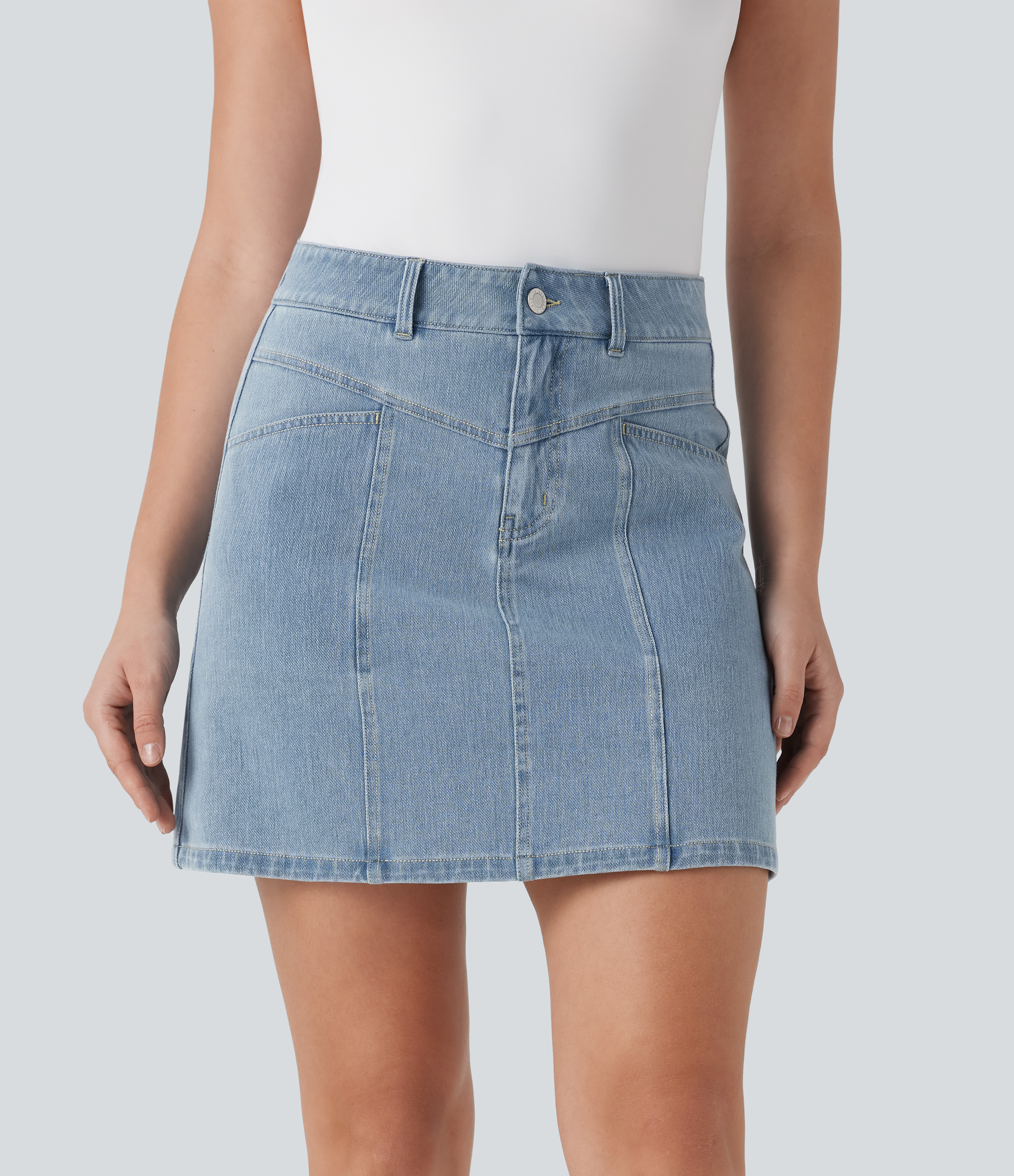 Mini falda Halara Flex™ Denim vaquera elástica en corte A de tiro medio y bolsillos