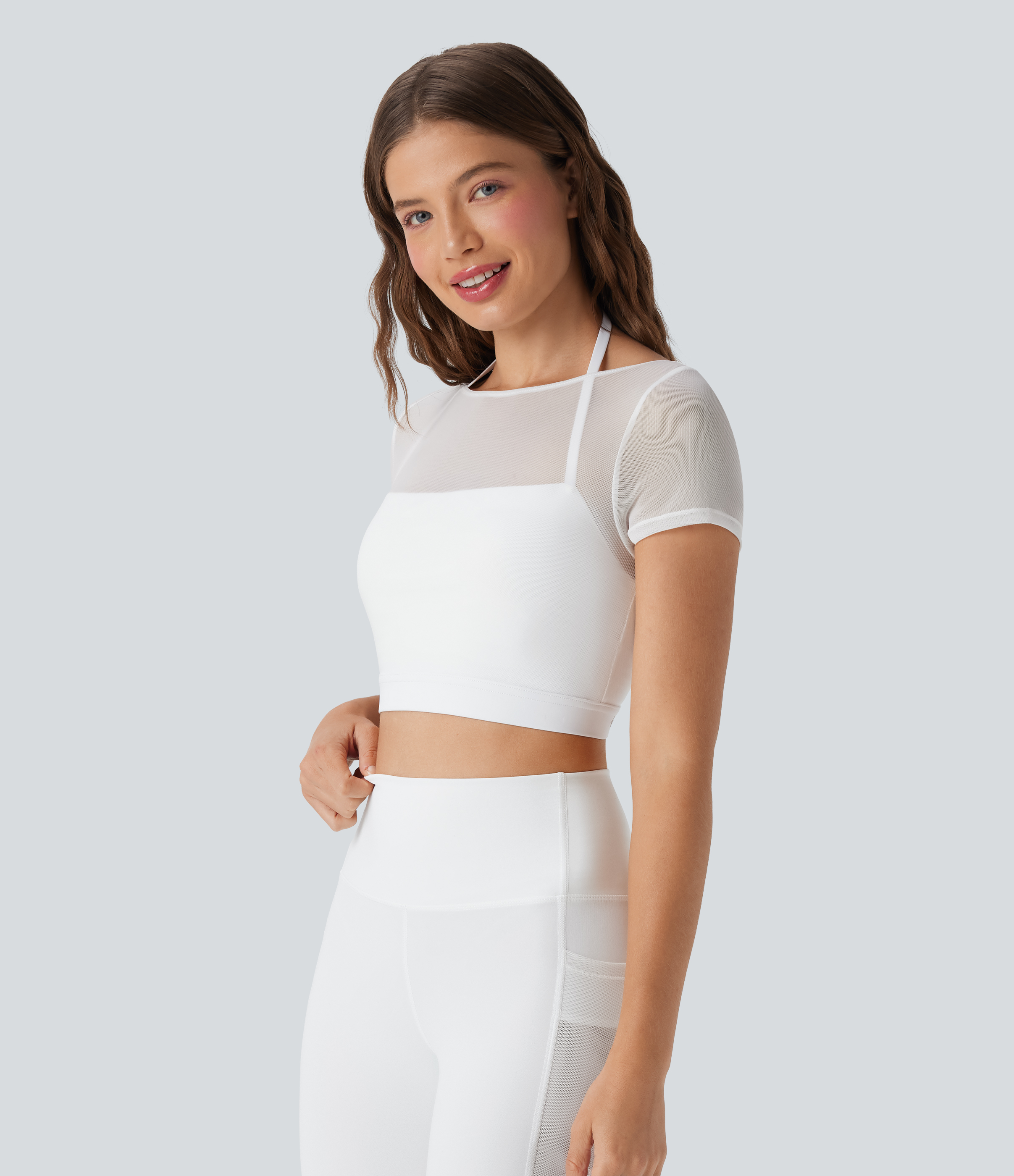 Weiß Neckholder-Kurzarm-Top im 2-in-1-Cropped-Design mit kontrastierendem Mesh für Yoga und Sport / 1