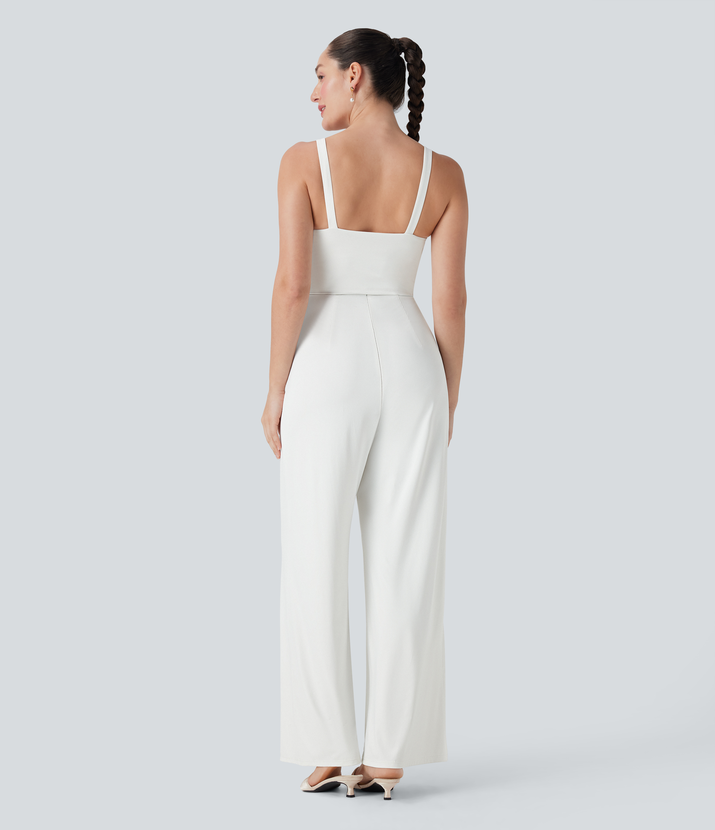 Blanc de Blanc Mono de dama de honor e invitada de boda con cuello cuadrado, cordón ajustable y espalda descubierta con bolsillos laterales - Edición Easy Peezy / 2