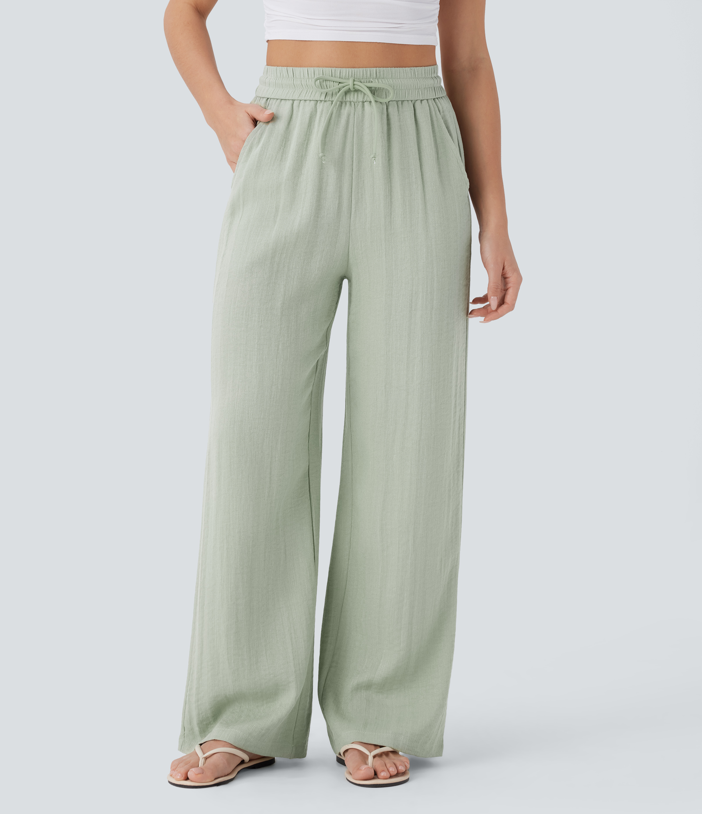XS(Extra Tall) Pale Aqua High Waisted Drawstring Pocket Wide Leg Baggy Casual Linen-Feel Pants