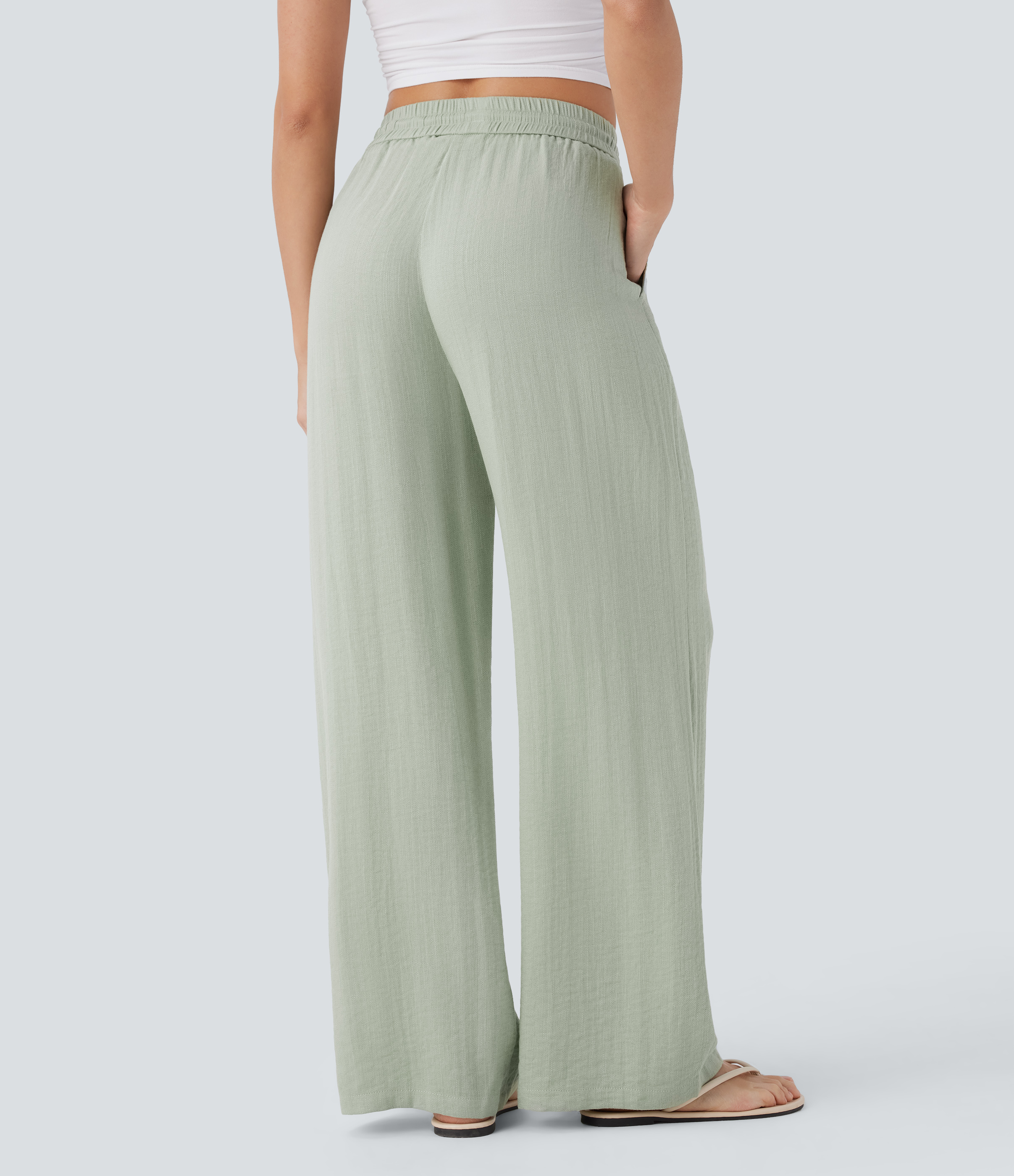 Pale Aqua Pantalón lino tiro alto cordón ajustable bolsillo lateral pierna ancha / 2