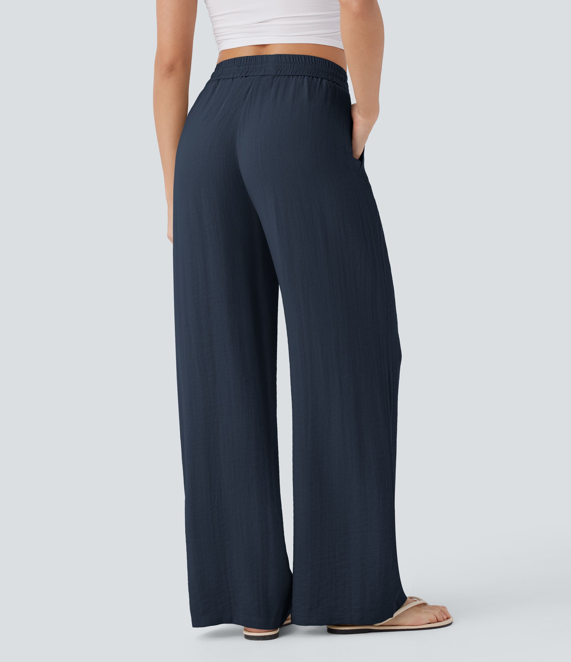 Dark Blue Pantalon large fluide taille haute avec cordon de serrage, poches latérales et aspect lin / 2